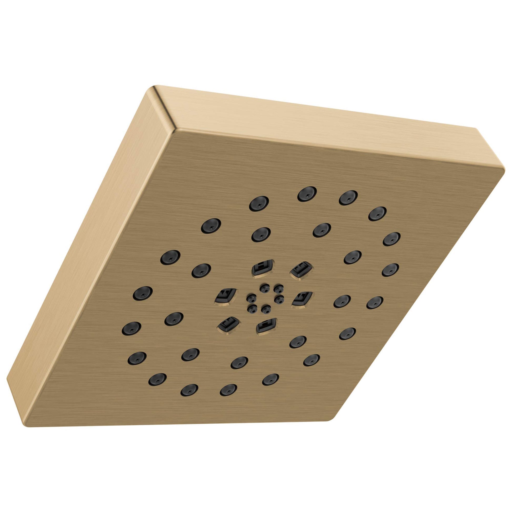 Square brushed gold shower head with multiple spray jets and setting controls in center.