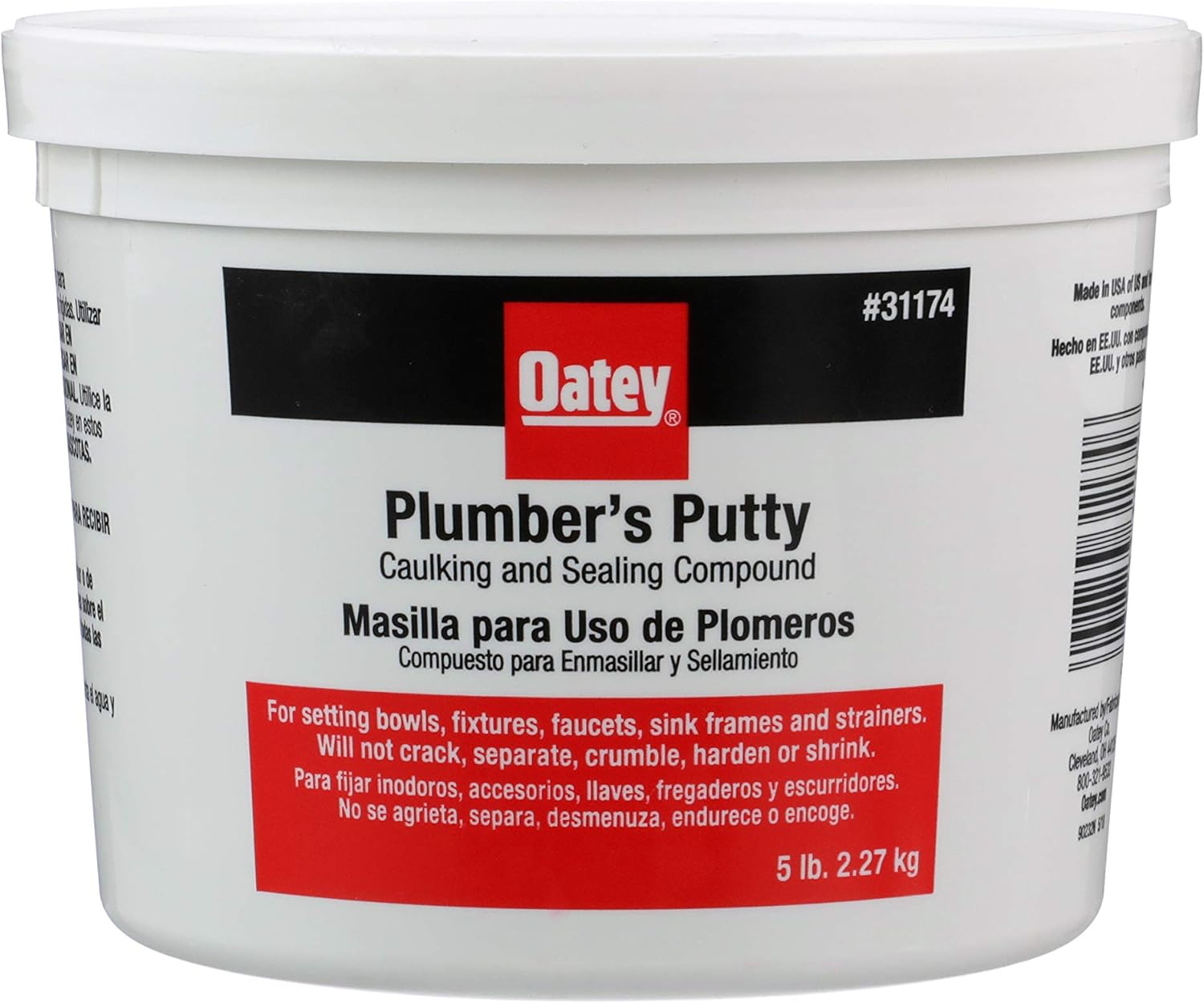 White plastic container of Oatey Plumber's Putty caulking and sealing compound, 5 lb size.