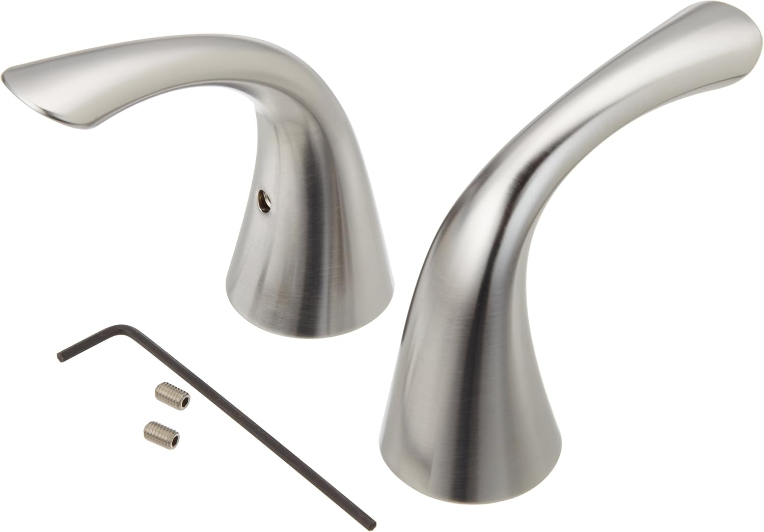 Two curved stainless steel lever handles with cone-shaped bases, mounting hardware, and hex wrench in arctic stainless finish