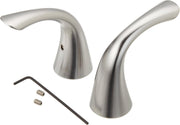 Two curved stainless steel lever handles with cone-shaped bases, mounting hardware, and hex wrench in arctic stainless finish
