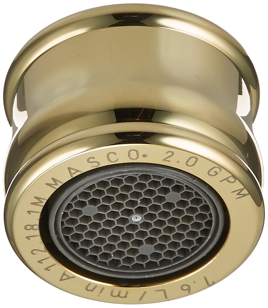 Polished brass faucet aerator with honeycomb mesh screen and flow rate marking on ring.