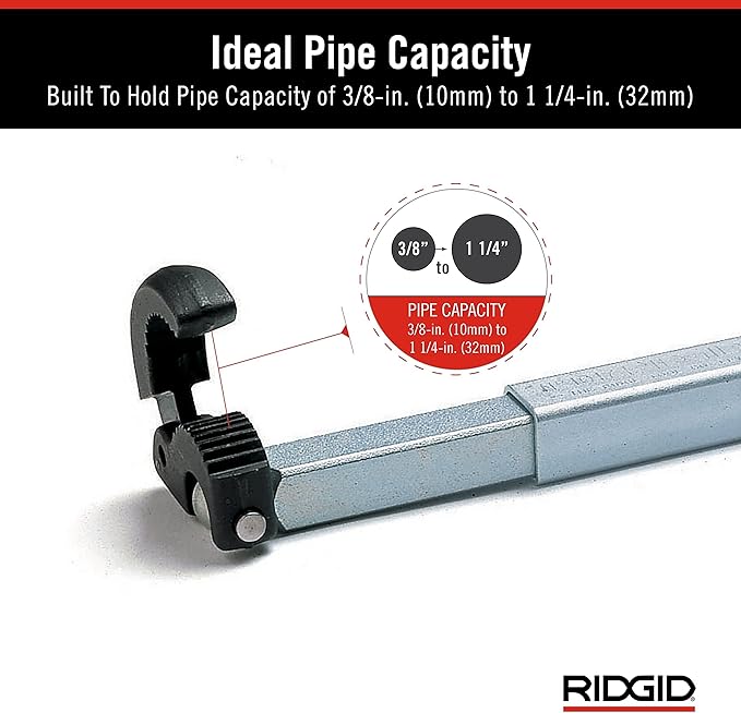 Adjustable fold-over basin pipe wrench with black head and silver steel handle, holds pipes 3/8 to 1 1/4 inch.