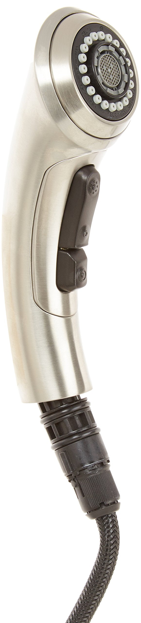 Stainless steel pull-out wand assembly with multi-spray showerhead and black trigger handle connected to braided hose.