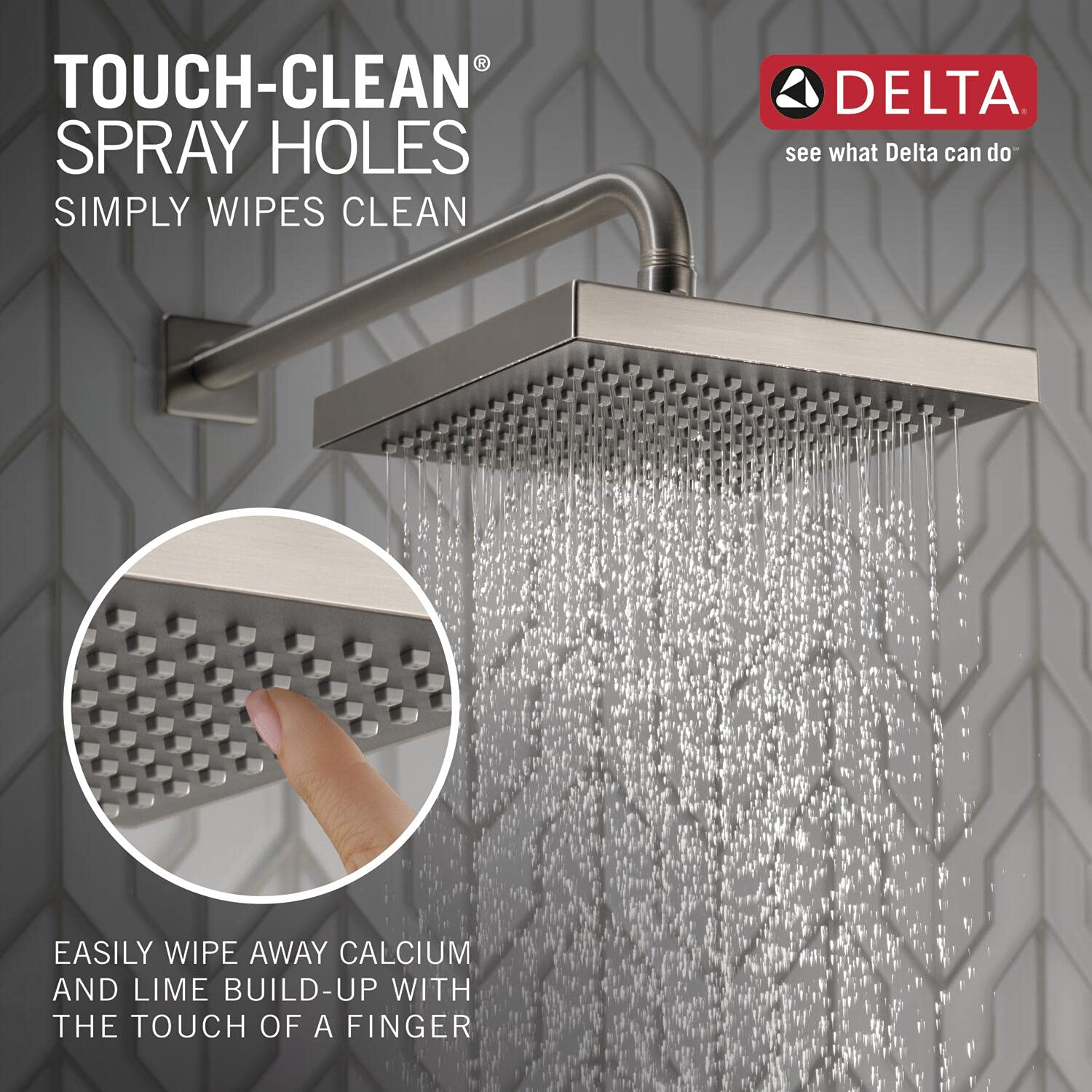 Stainless steel square raincan shower head mounted on wall with curved arm, showing multiple spray holes and water stream.
