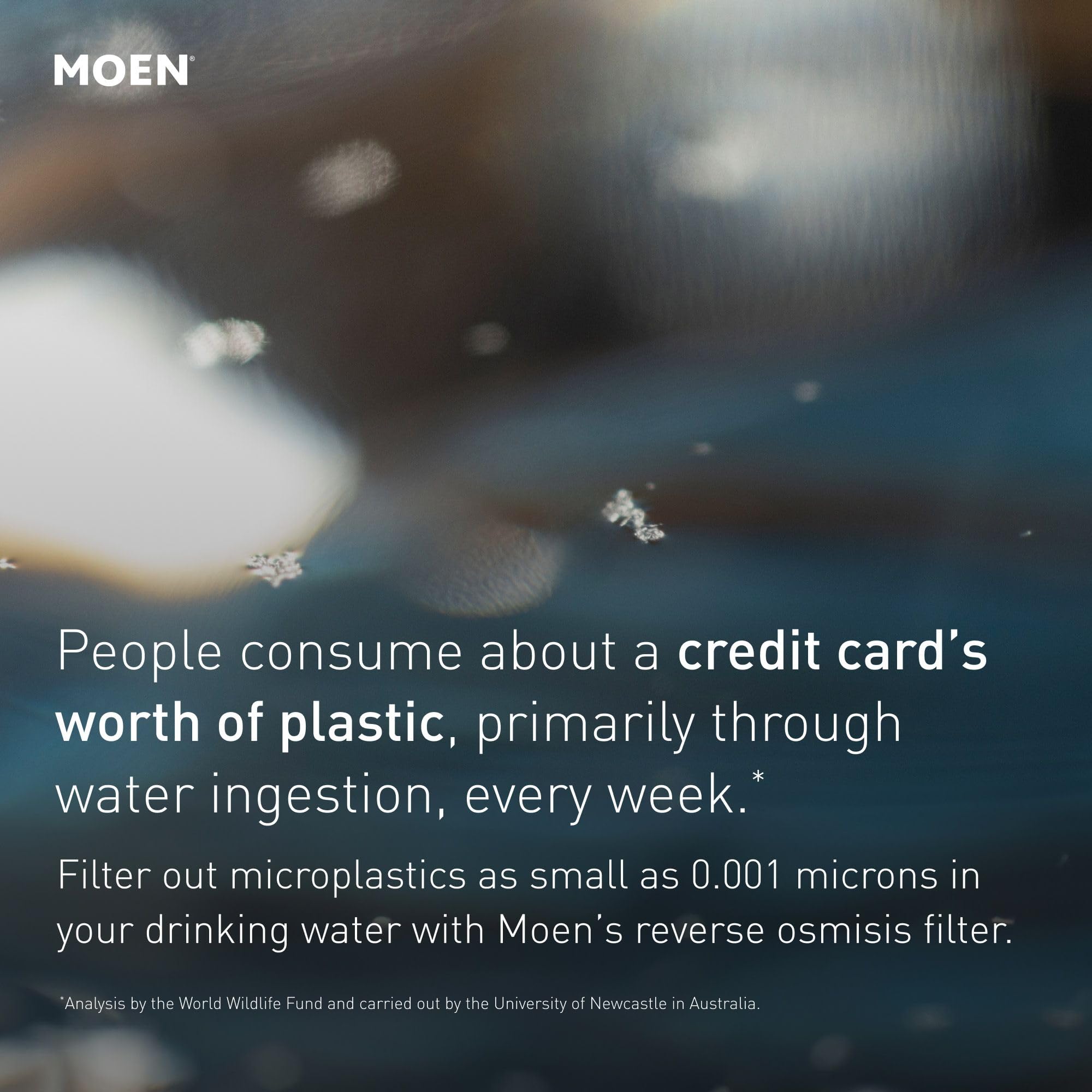 Moen reverse osmosis water filtration system with text describing microplastic filtration capabilities.
