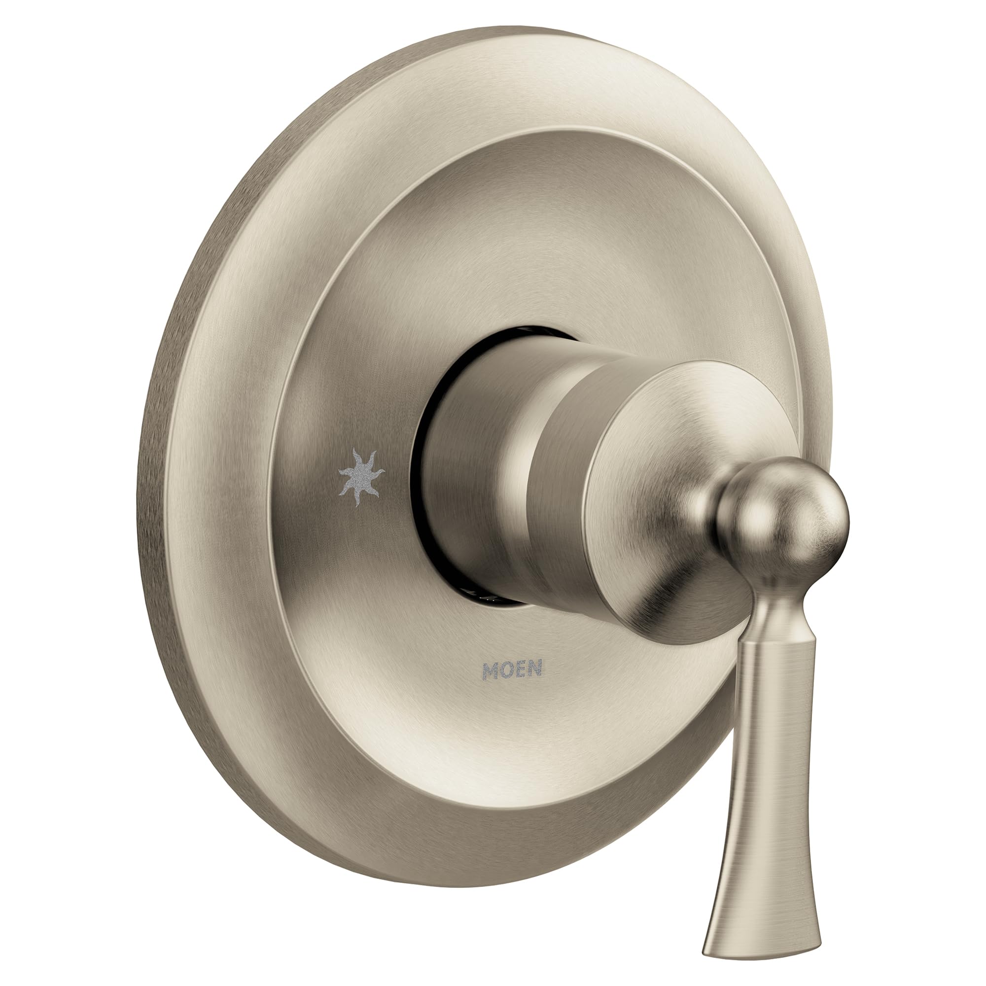 Brushed nickel single-handle valve trim with round escutcheon plate and lever handle.