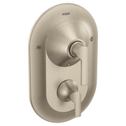 Brushed nickel shower valve trim with dual lever handles and function icons on oval escutcheon plate.