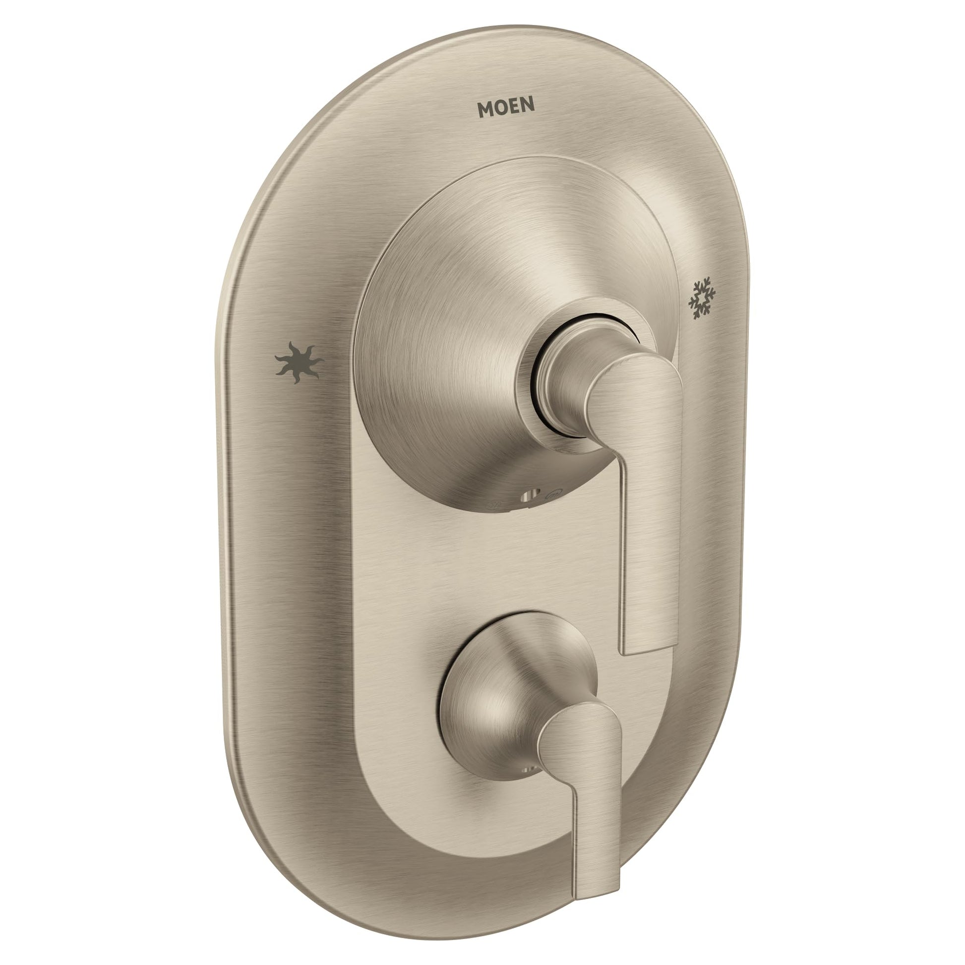 Brushed nickel shower valve trim with dual lever handles and function icons on oval escutcheon plate.