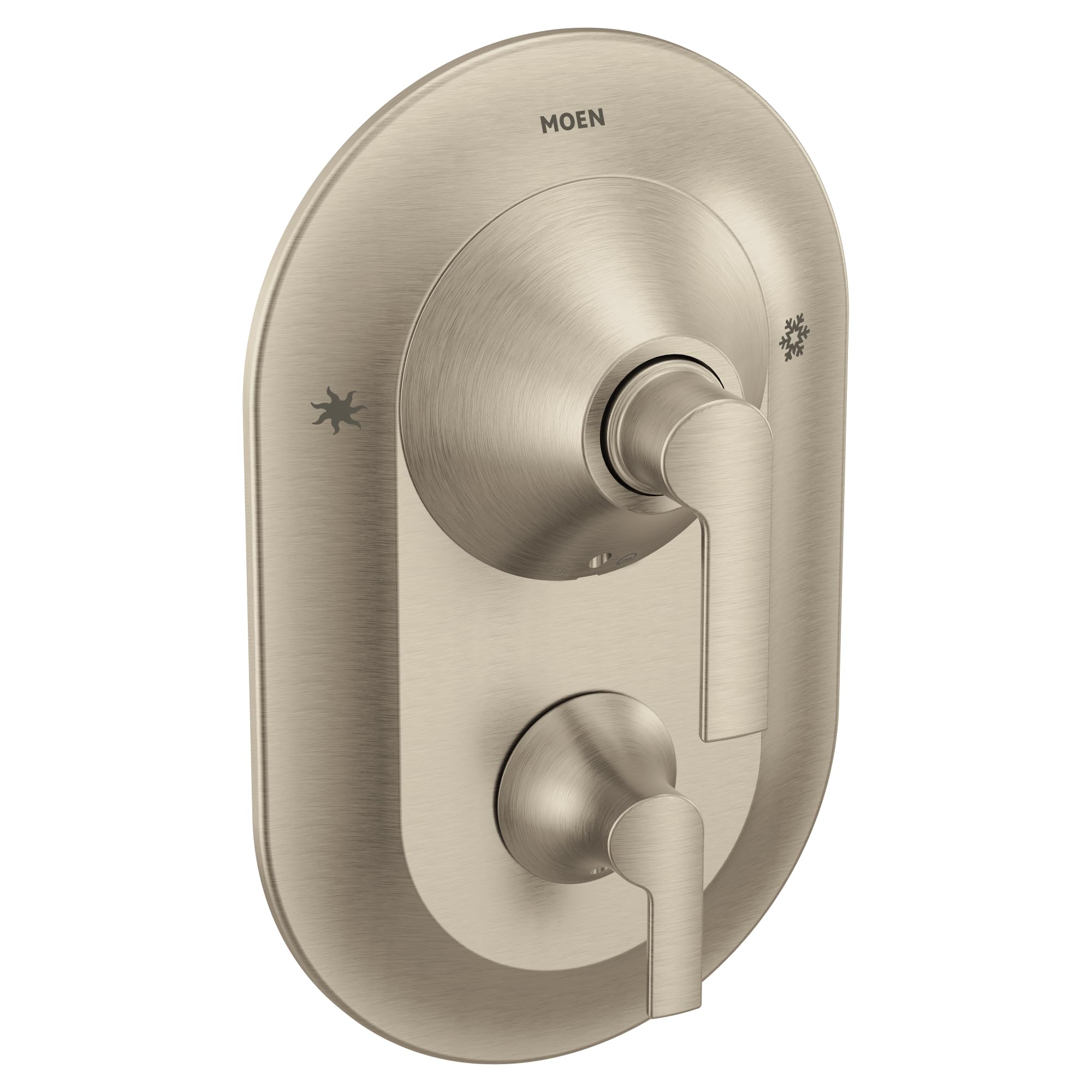 Brushed nickel shower valve trim with dual lever handles and function icons on oval escutcheon plate.