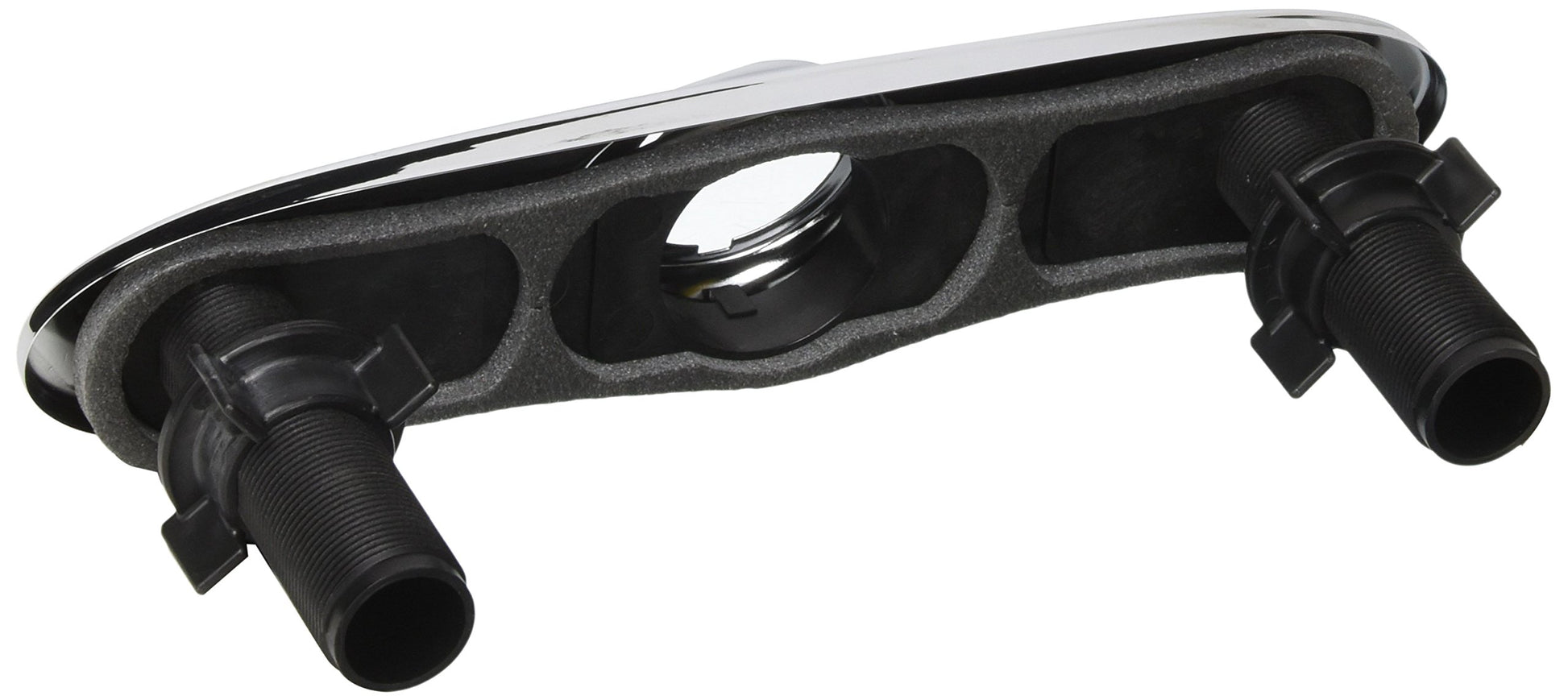 Chrome escutcheon base with two black threaded ports for faucet installation.