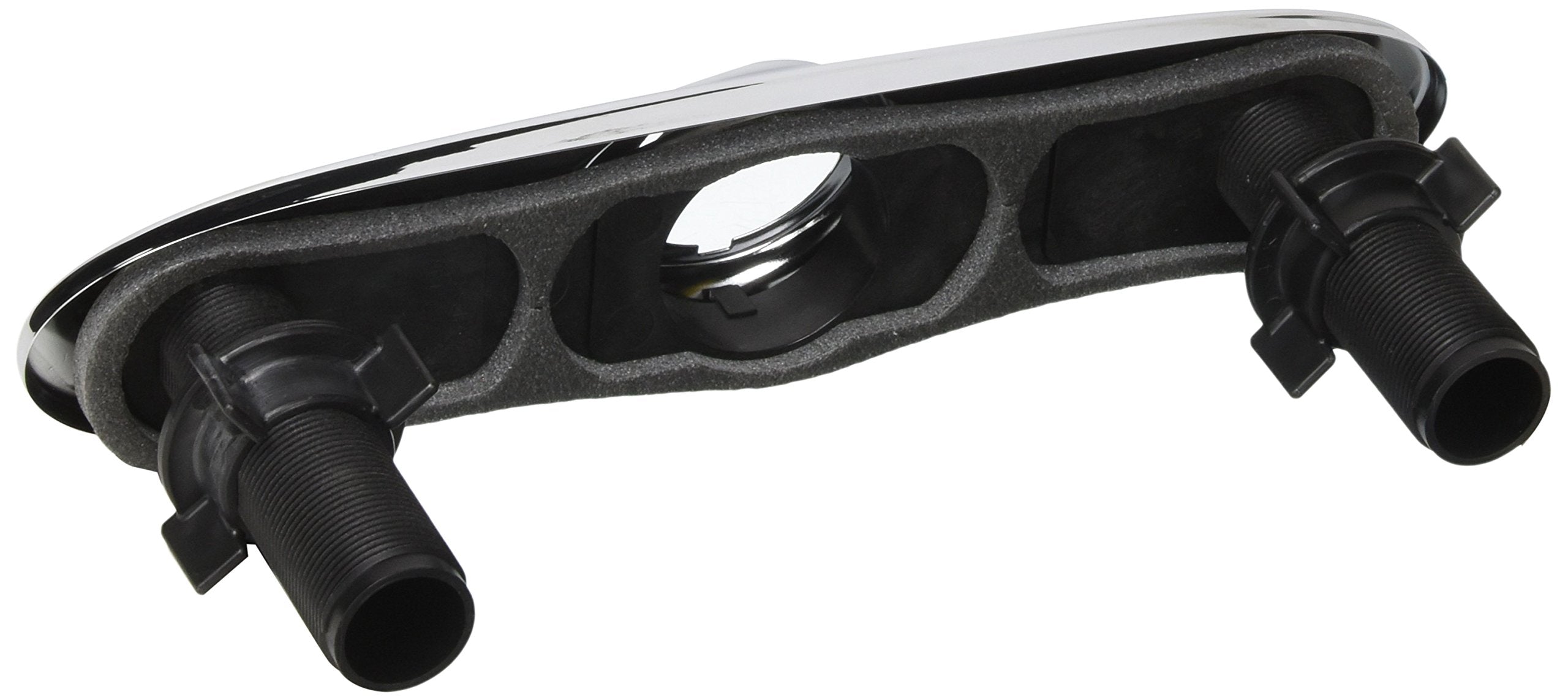 Chrome escutcheon base with two black threaded ports for faucet installation.
