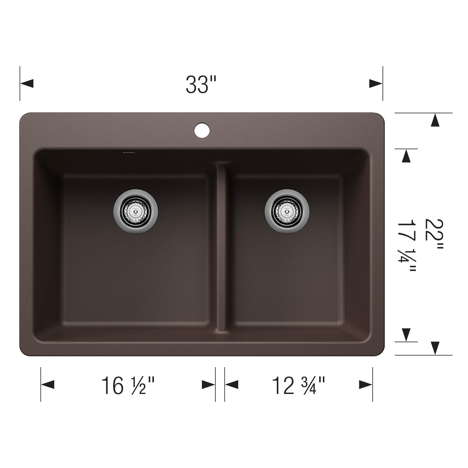 Cafe-colored dual mount sink with two bowls separated by low divide and chrome drain strainers, 33" wide.
