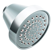 Chrome shower head with multiple circular spray jets and curved connector arm.