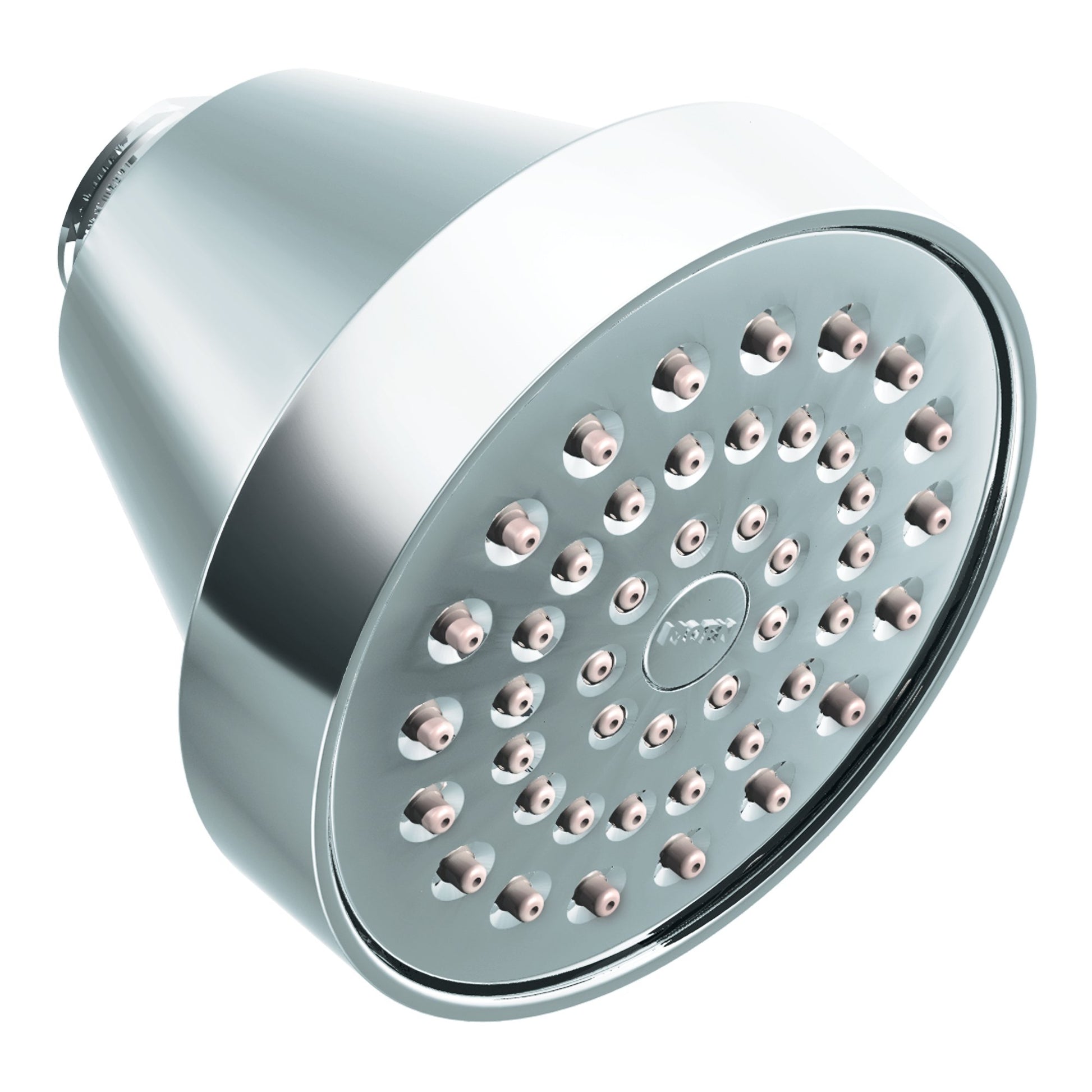 Chrome shower head with multiple circular spray jets and curved connector arm.