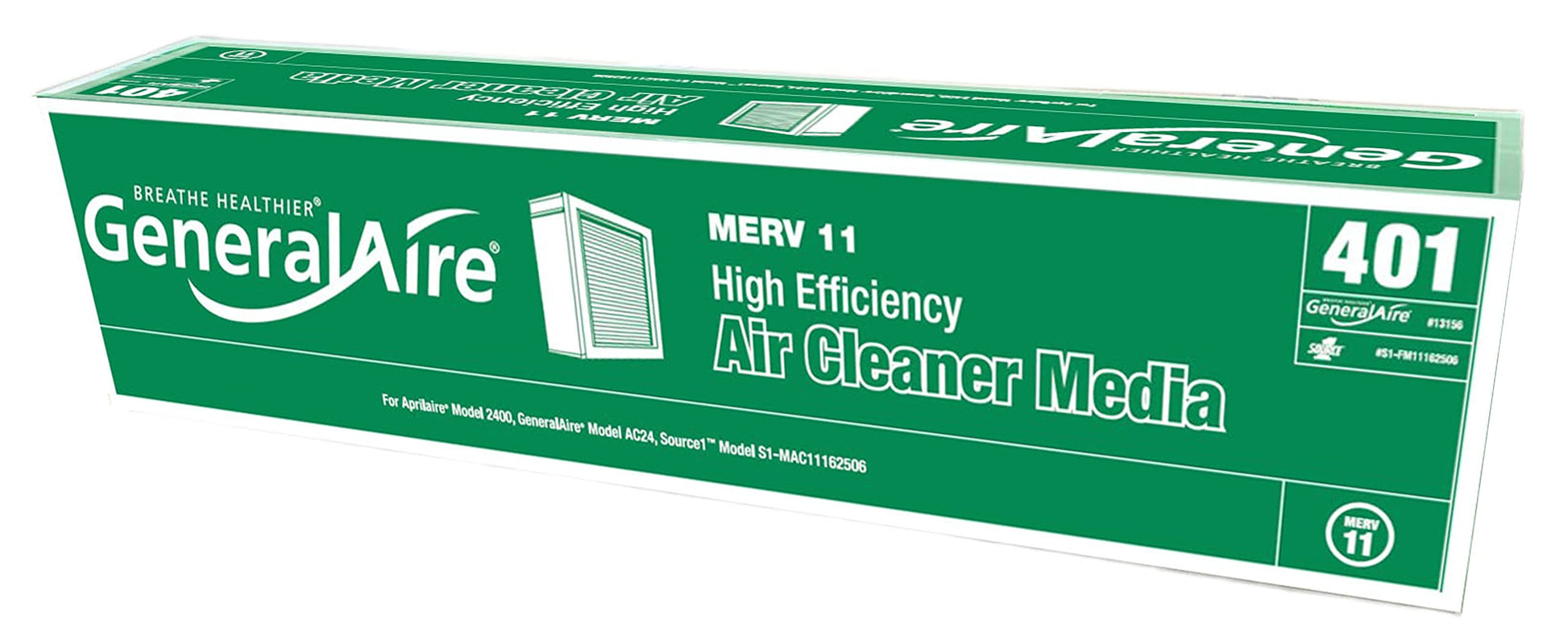 GeneralAire pleated furnace air filter box labeled MERV 11 High Efficiency Air Cleaner Media, model 401.