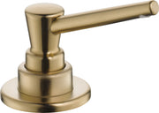 Champagne bronze soap and lotion dispenser pump with cylindrical lever spout and round base.