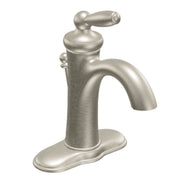 Brushed nickel single-handle bathroom faucet with low arc spout and lever handle on oval base.