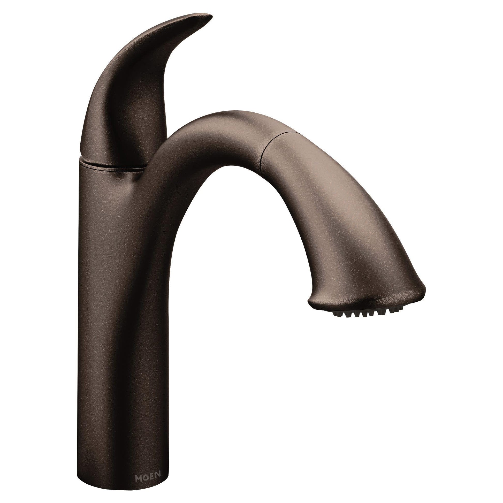 Oil-rubbed bronze kitchen faucet with curved spout, single handle, and pullout spray head.