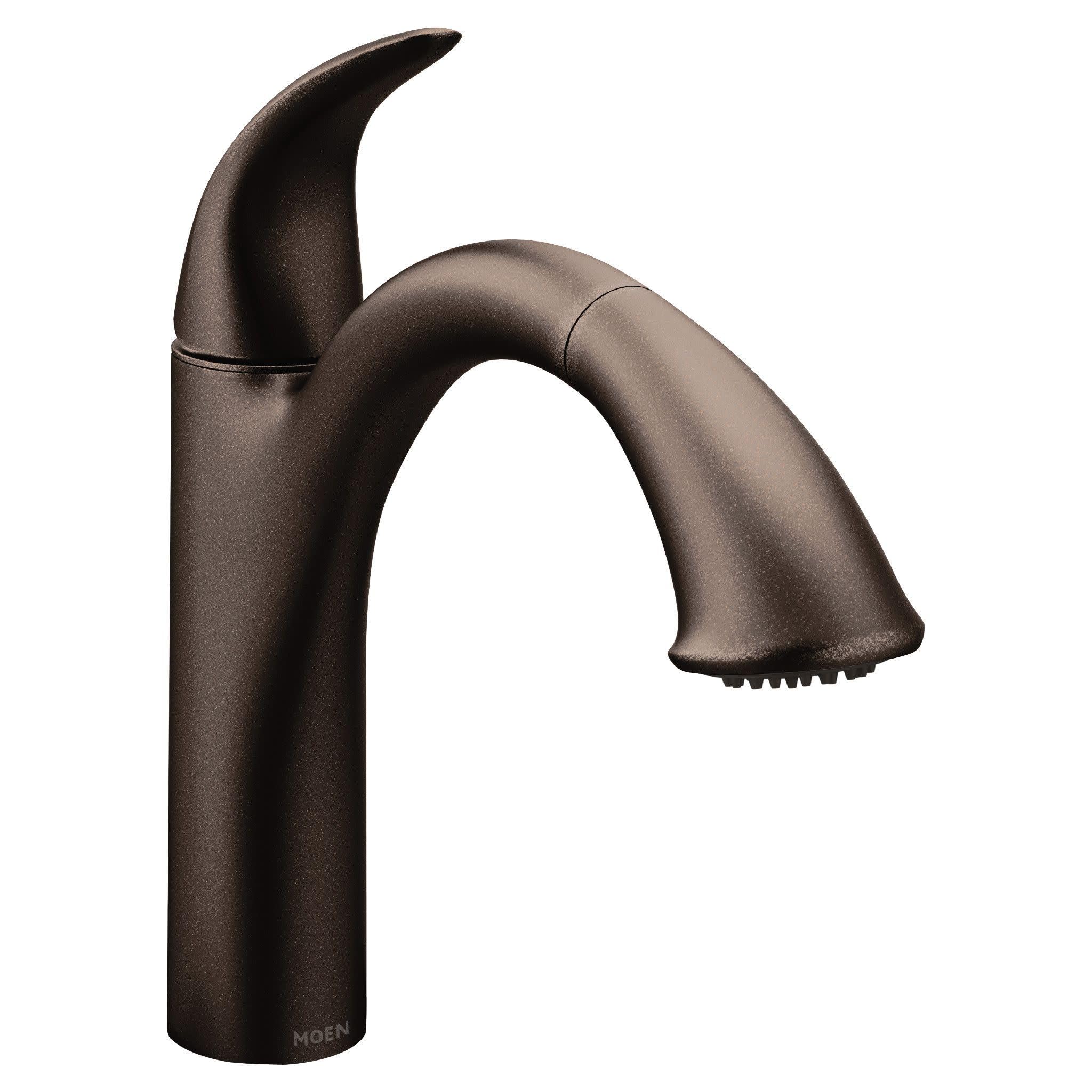 Oil-rubbed bronze kitchen faucet with curved spout, single handle, and pullout spray head.