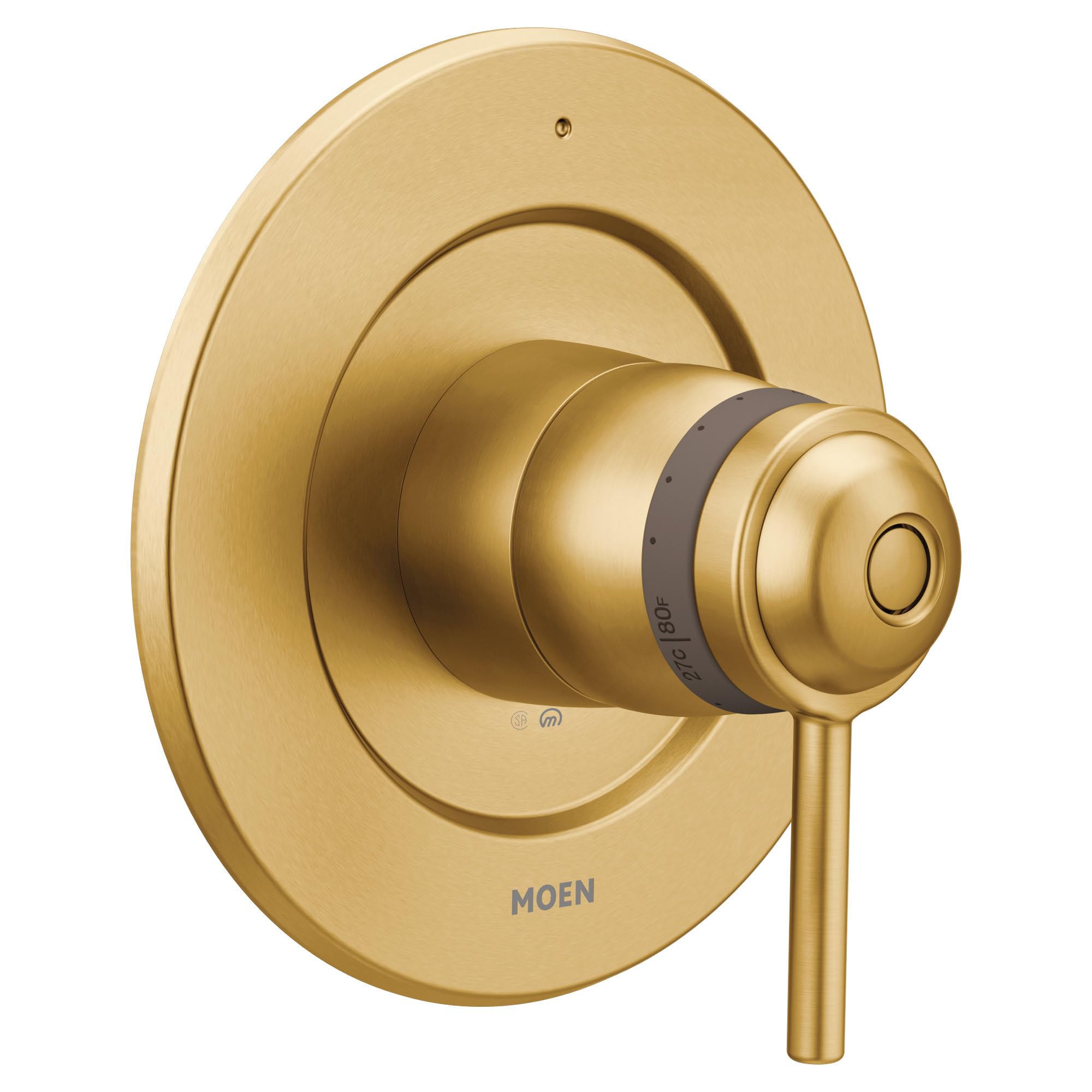 Brushed gold thermostatic shower valve trim with round escutcheon plate and single lever handle.