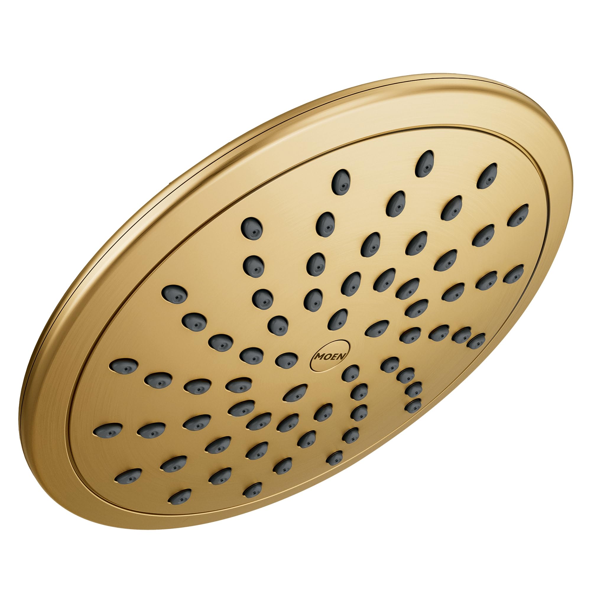 Brushed gold round shower head with multiple spray holes and Moen logo in center.