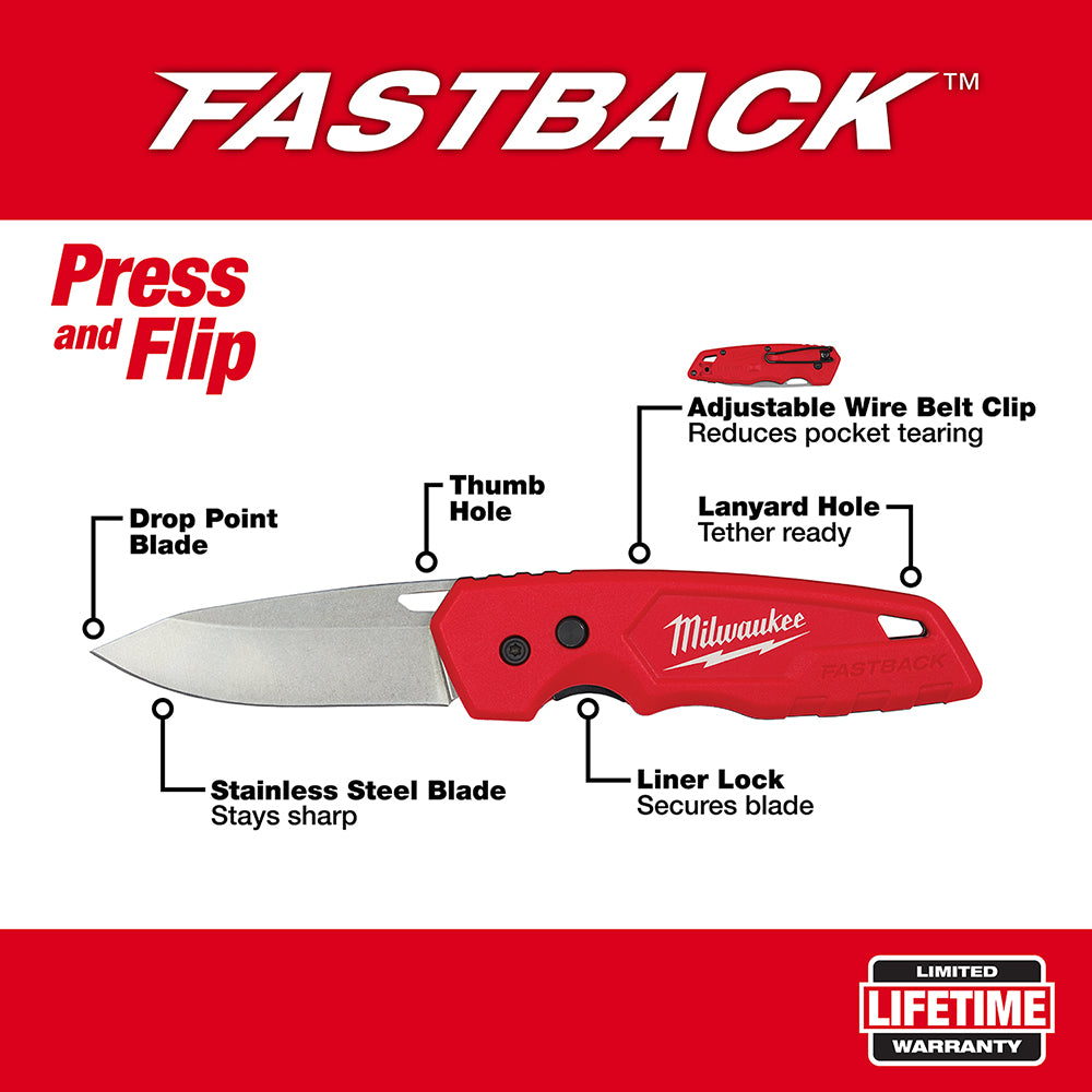 Red Milwaukee FASTBACK folding pocket knife with stainless steel blade, thumb hole, and wire belt clip shown open.