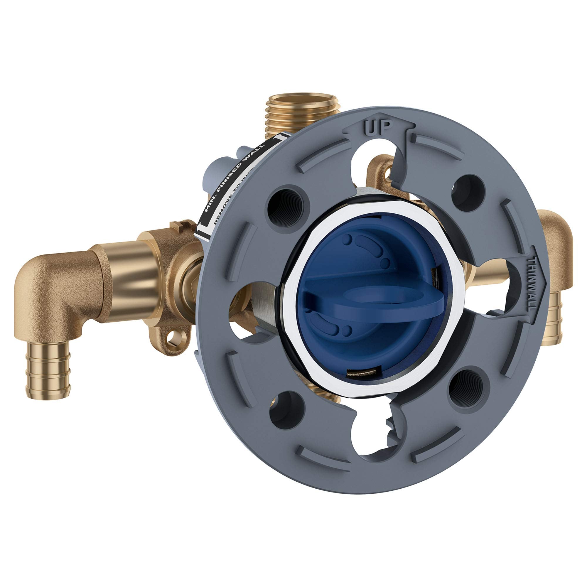 Brass pressure balance rough-in valve with gray circular body, blue cartridge center, and threaded connections on sides.