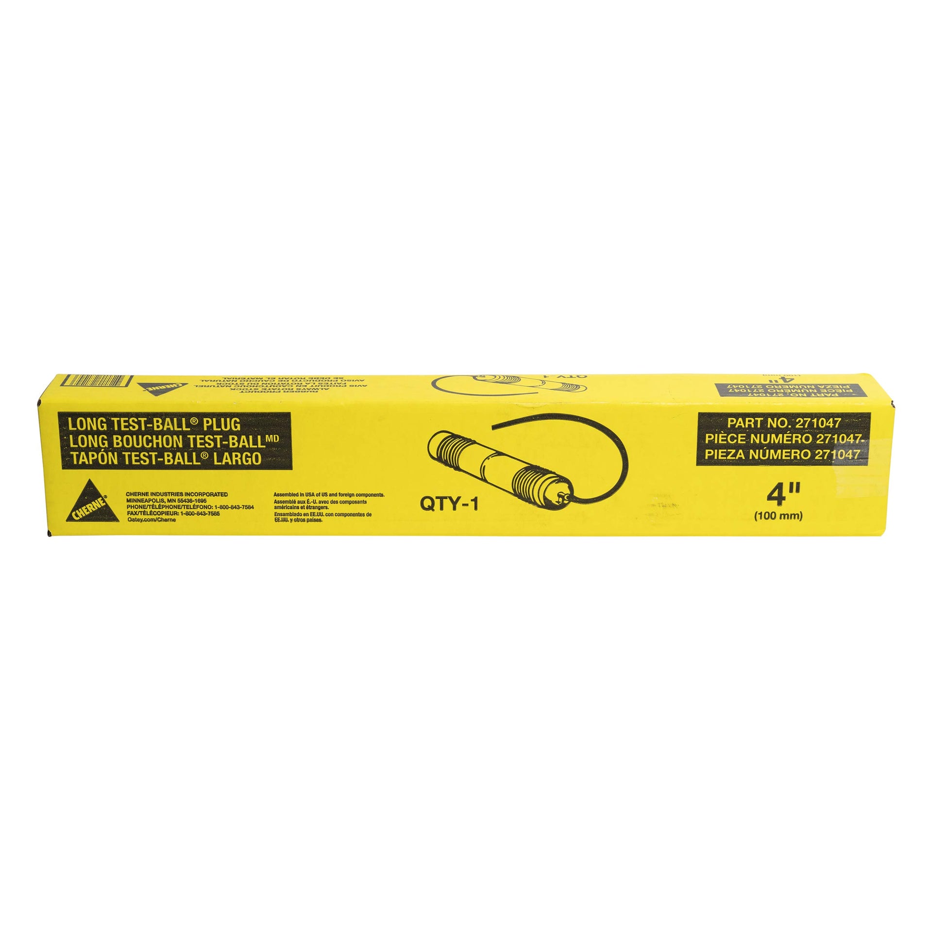 Yellow box containing a 4-inch long test-ball plug with attached cable and threaded metal end for plumbing applications.