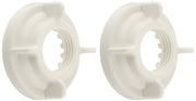 Two white plastic locknuts with threaded centers and flanged bases for Delta faucet installation.