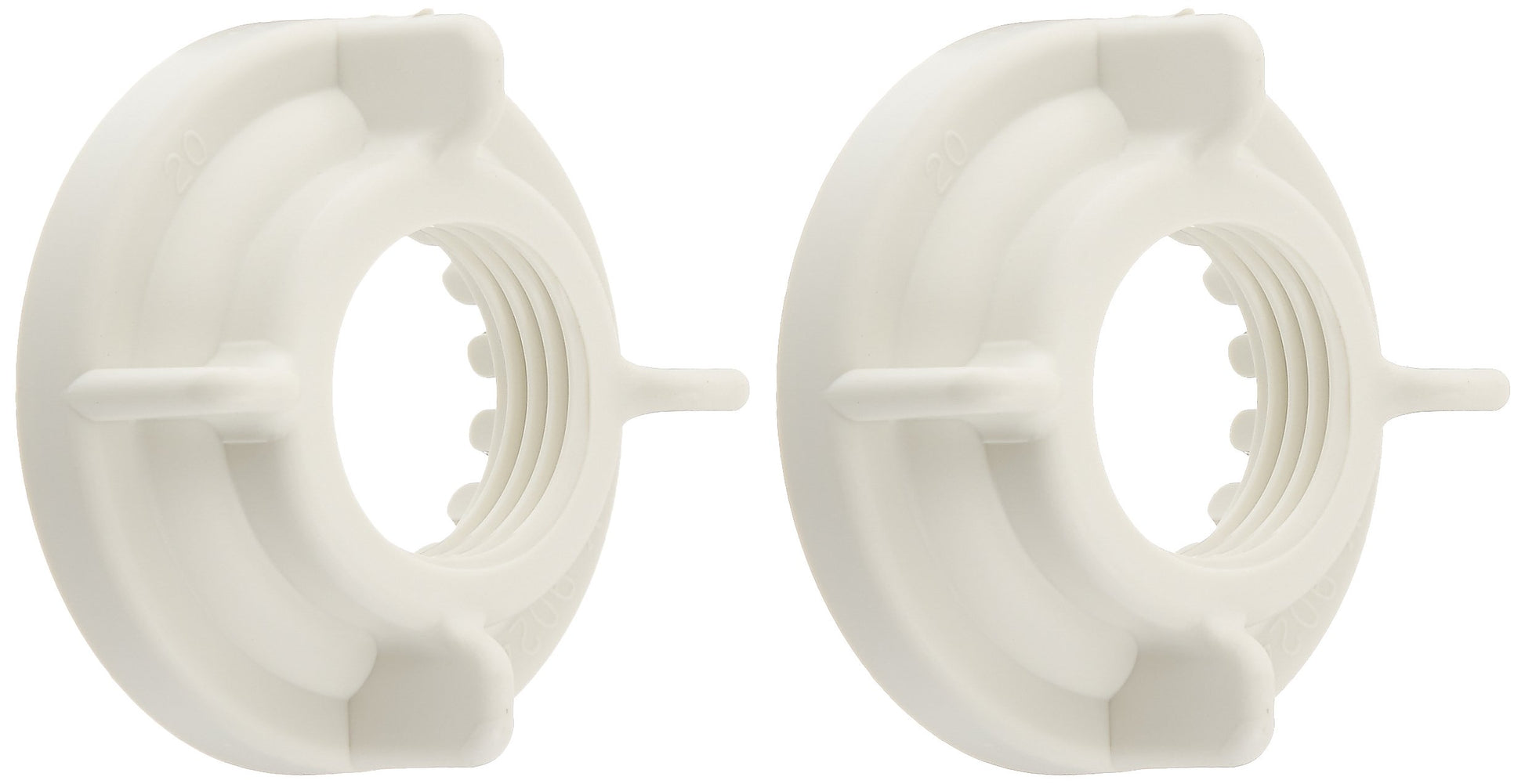 Two white plastic locknuts with threaded centers and flanged bases for Delta faucet installation.