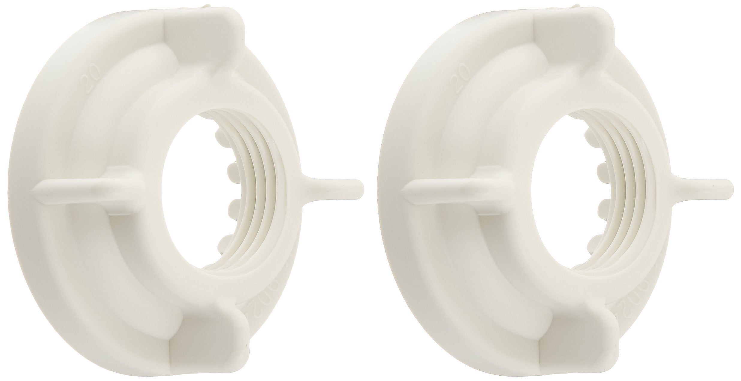 Two white plastic locknuts with threaded centers and flanged bases for Delta faucet installation.