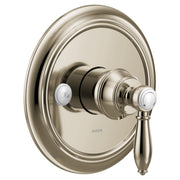 Polished nickel single-handle shower valve trim with oval escutcheon plate and lever handle.