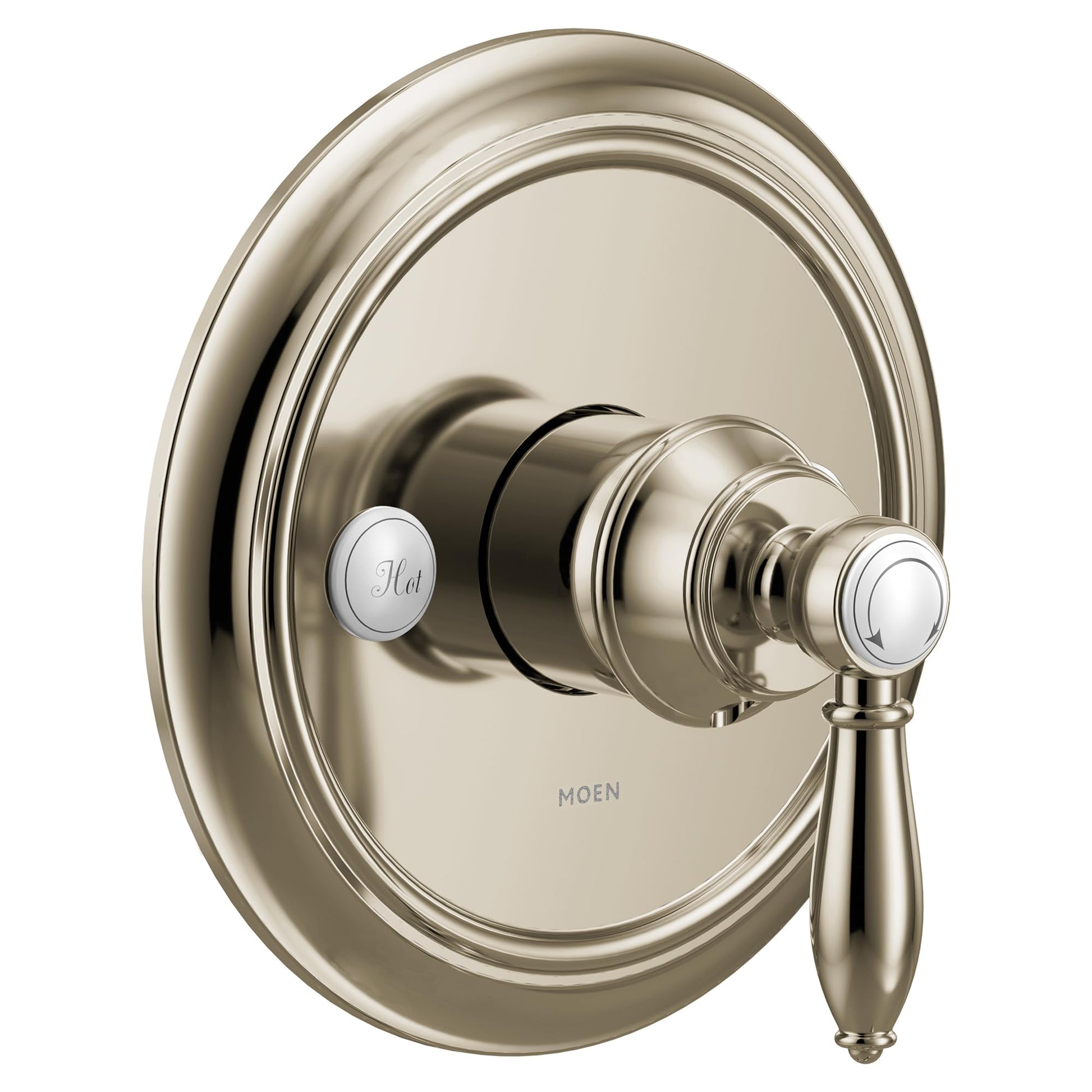 Polished nickel single-handle shower valve trim with oval escutcheon plate and lever handle.