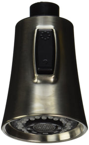 Stainless steel pull-down spray head with black trigger handle and perforated spray face.