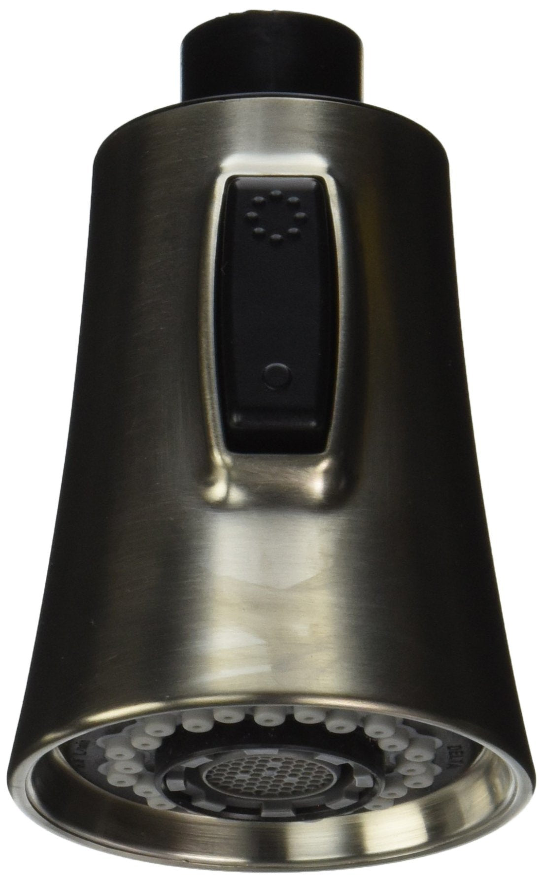Stainless steel pull-down spray head with black trigger handle and perforated spray face.