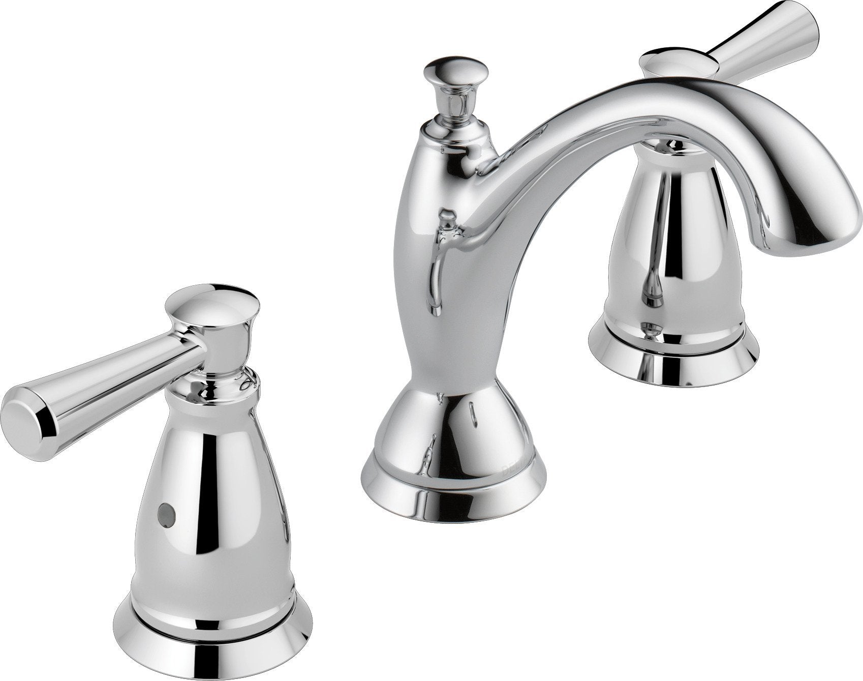 Chrome widespread bathroom faucet with two curved handles and arched spout.