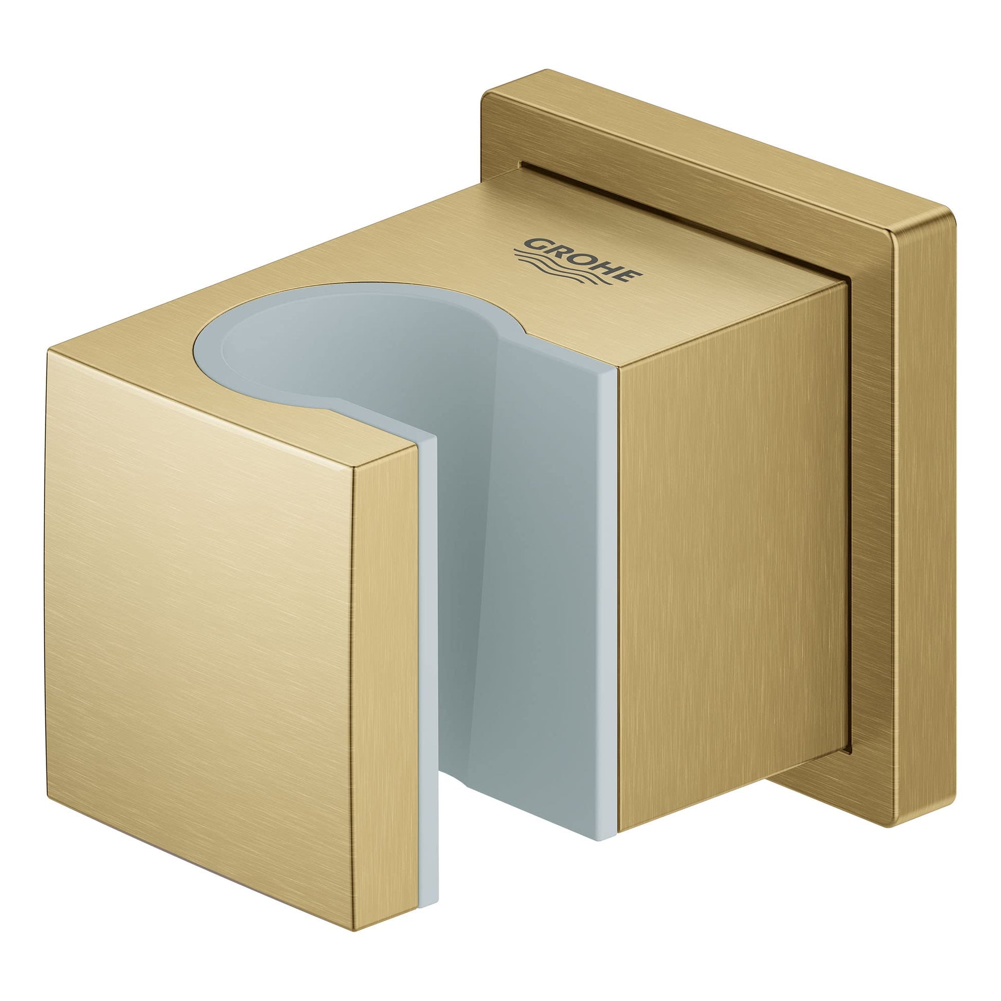 Brushed gold wall-mounted hand shower holder with curved cradle and Grohe branding.