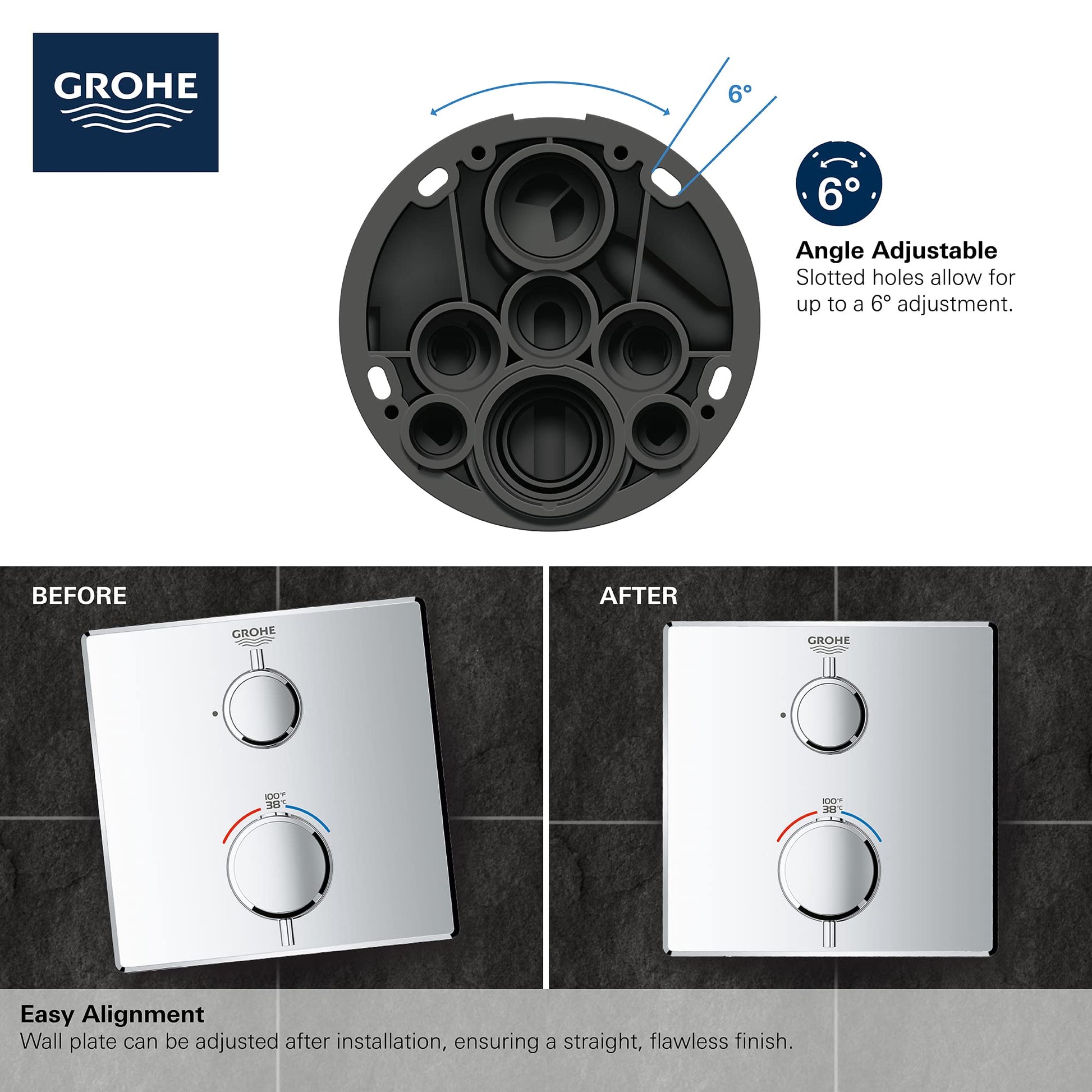 Grohe thermostatic valve trim with two circular handles in hard graphite finish, showing angle-adjustable installation featur