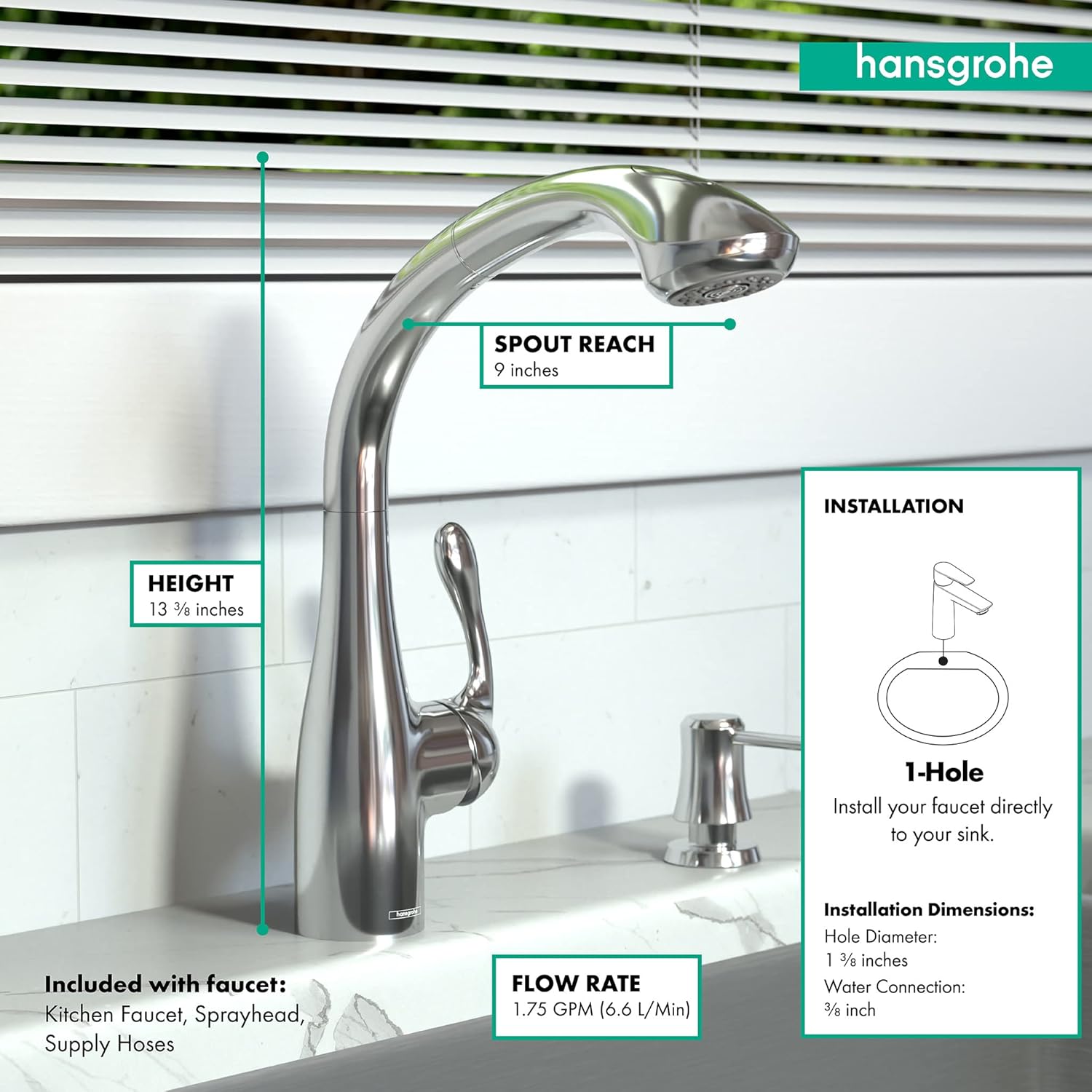 Chrome kitchen faucet with curved spout, single lever handle, 9-inch reach, and 13⅜-inch height shown with specification deta