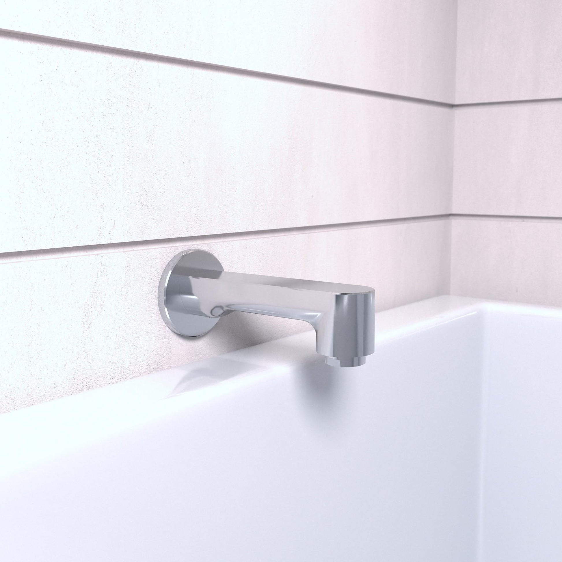 Chrome tub spout with cylindrical spout and round wall-mounted base installed on bathroom wall above bathtub.