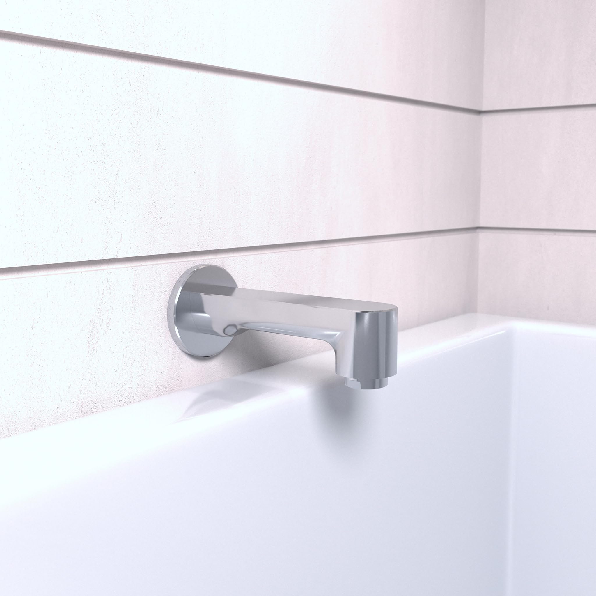 Chrome tub spout with cylindrical spout and round wall-mounted base installed on bathroom wall above bathtub.