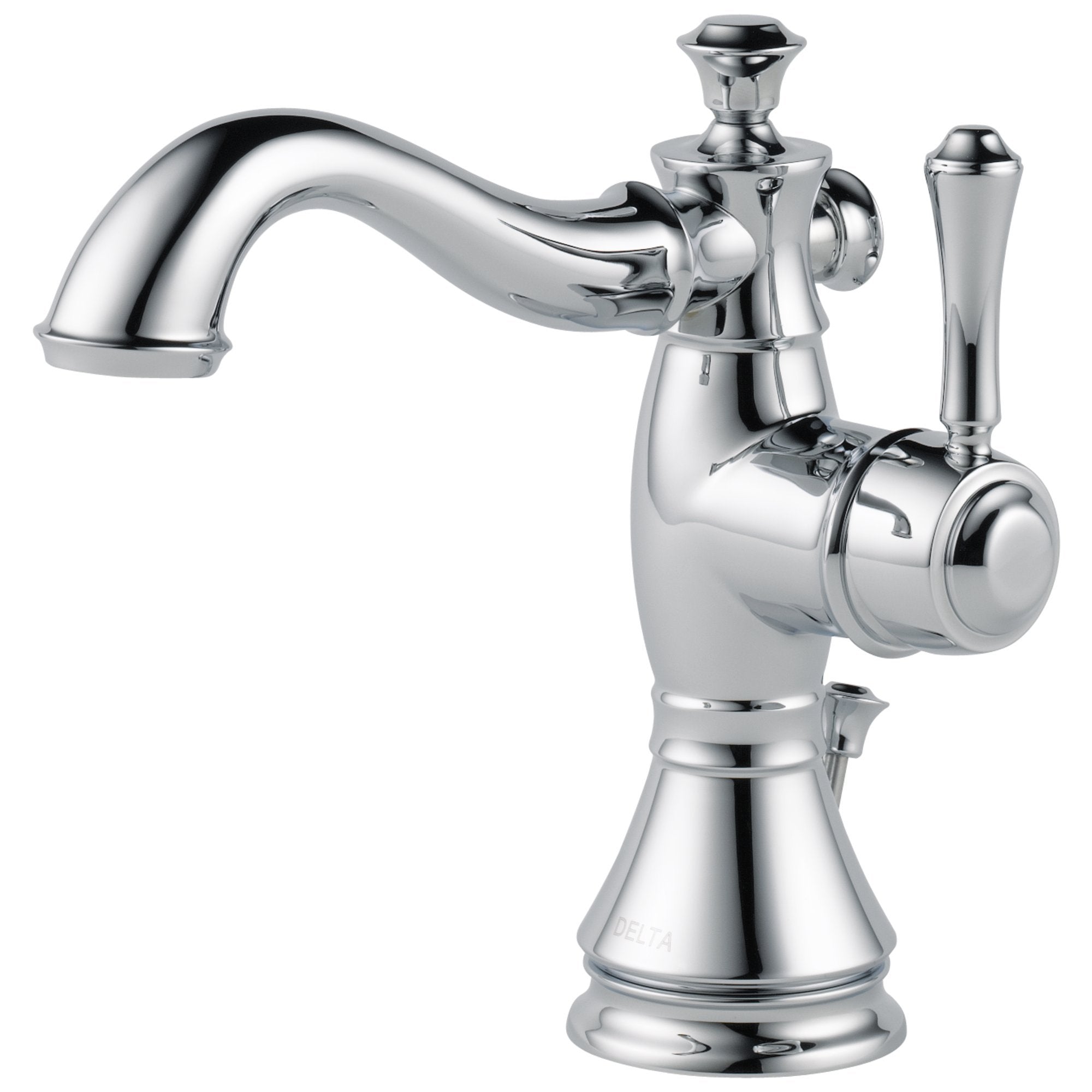 Chrome single-handle bathroom faucet with curved spout, pop-up drain assembly, and tapered base.