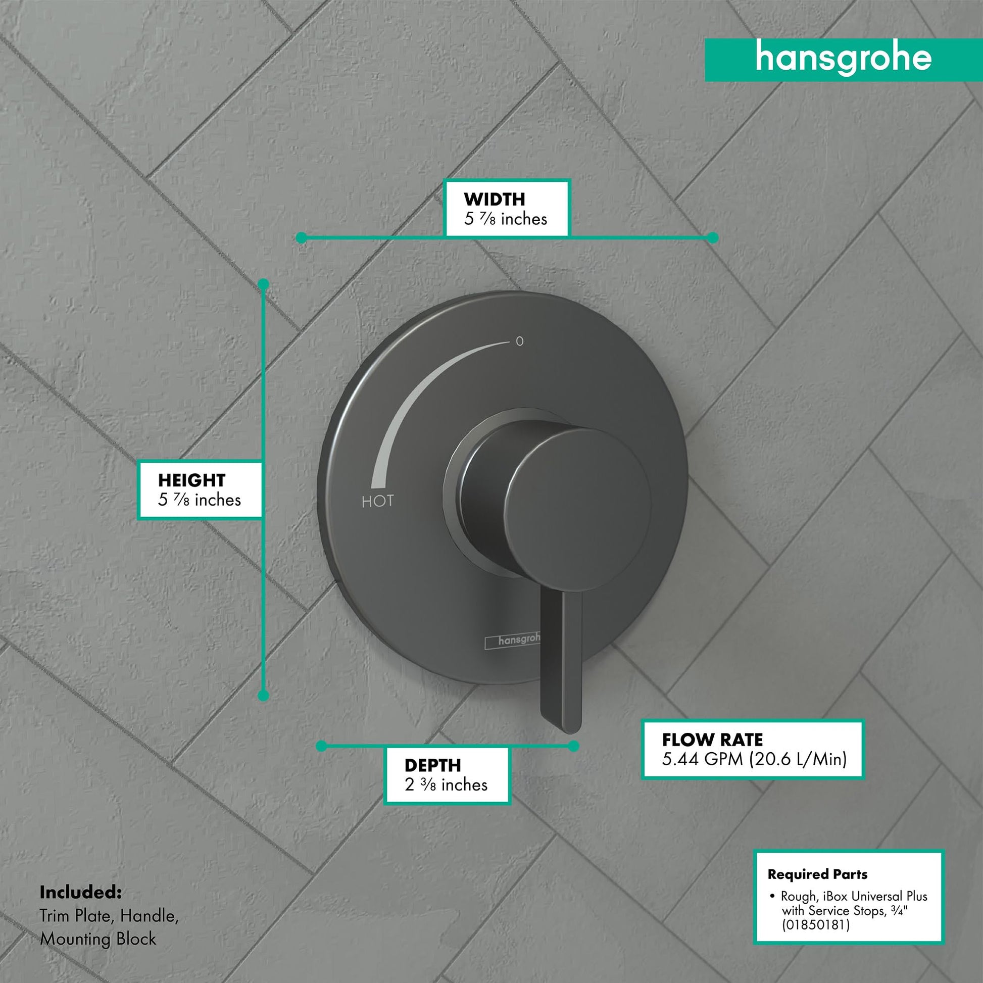 Brushed black chrome pressure balance shower trim with round escutcheon plate and lever handle mounted on tile wall with dime