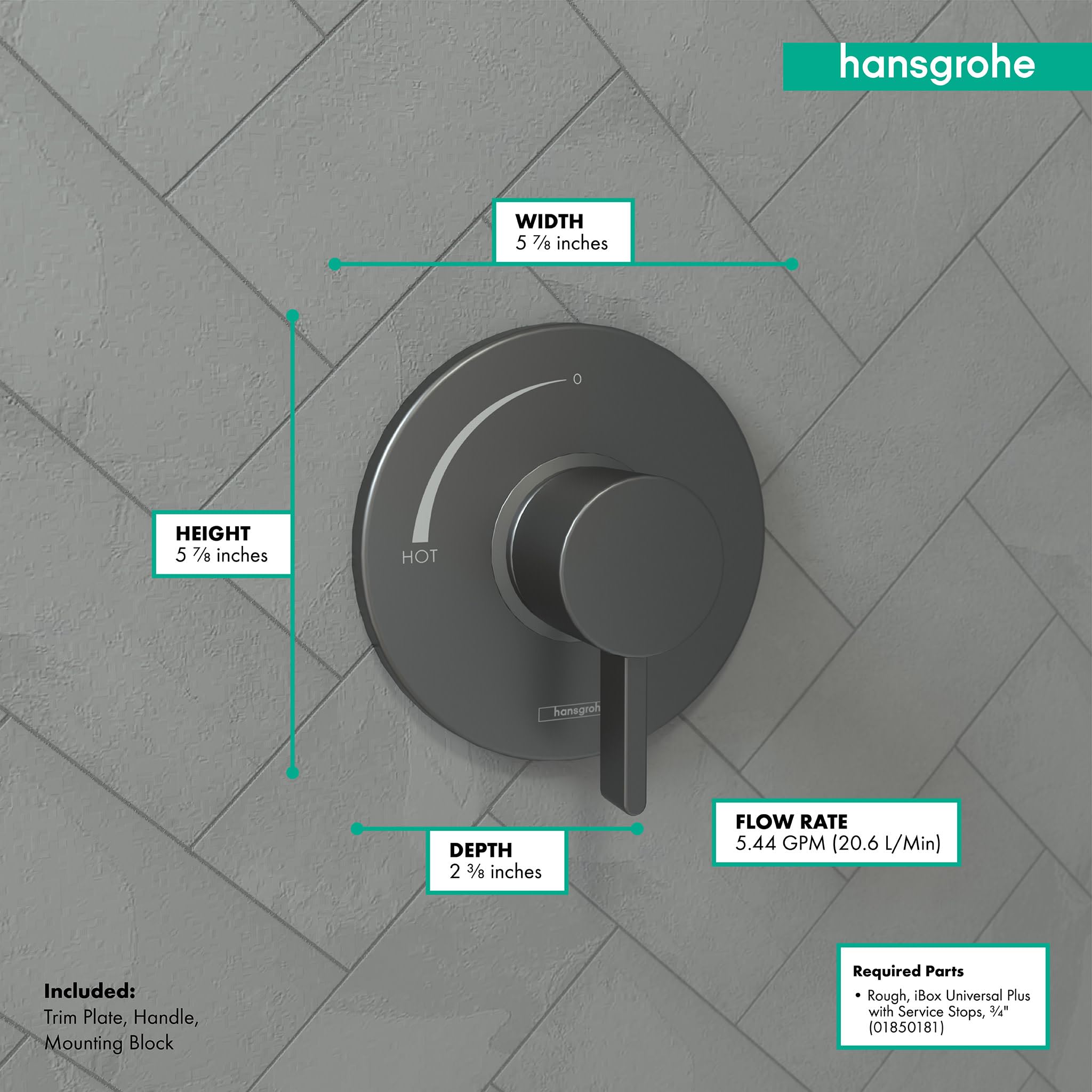 Brushed black chrome pressure balance shower trim with round escutcheon plate and lever handle mounted on tile wall with dime