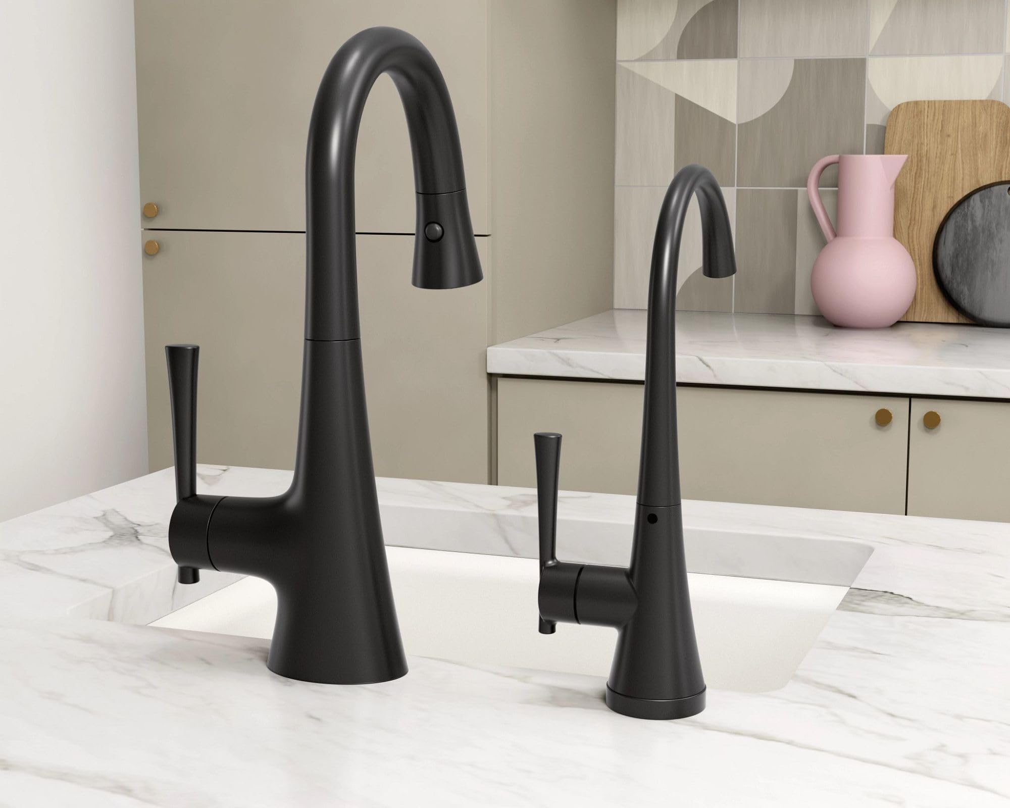 Matte black high-arc beverage faucet with single handle and pull-down spout mounted on marble countertop.