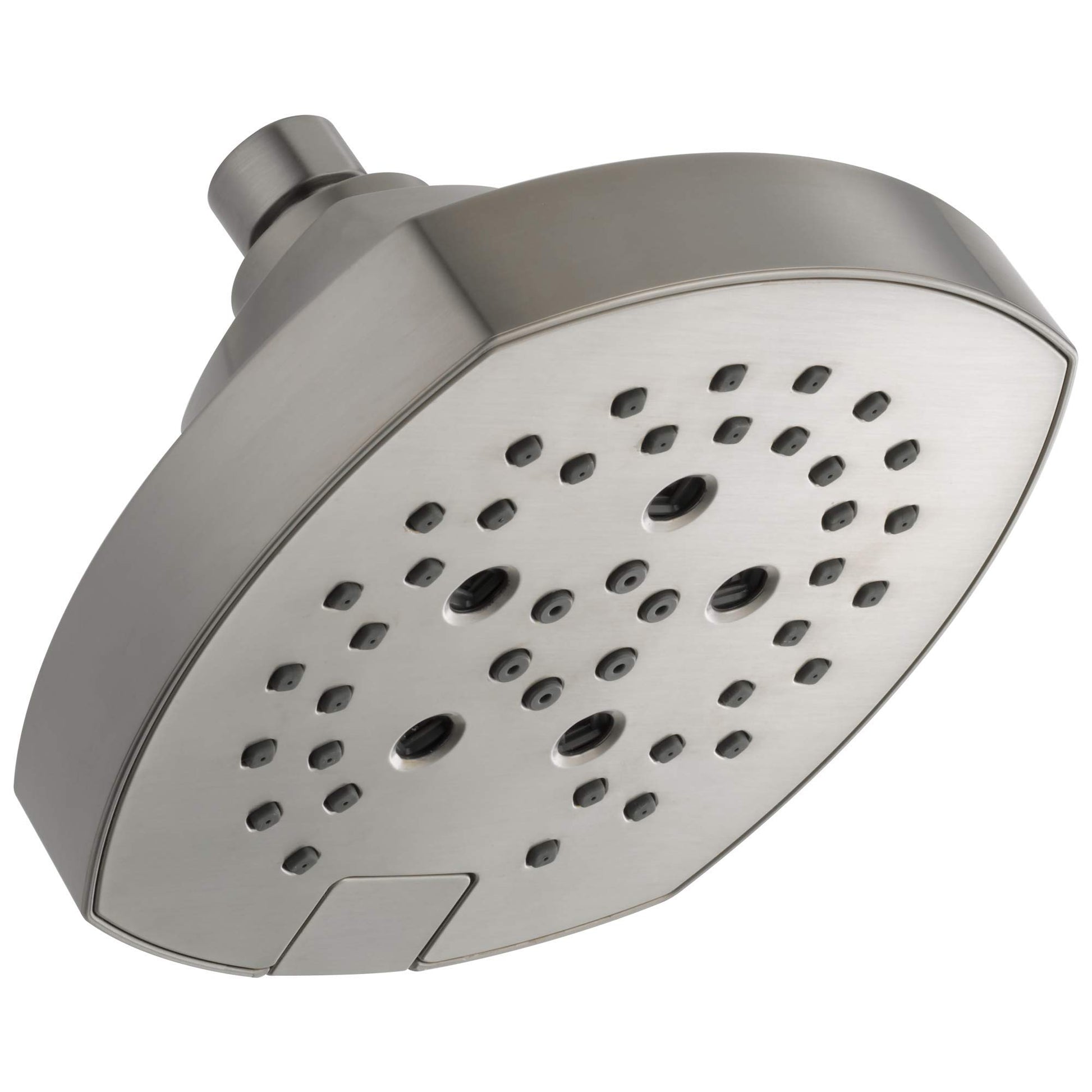Chrome shower head with curved rectangular face, multiple spray holes, and adjustable arm connection.