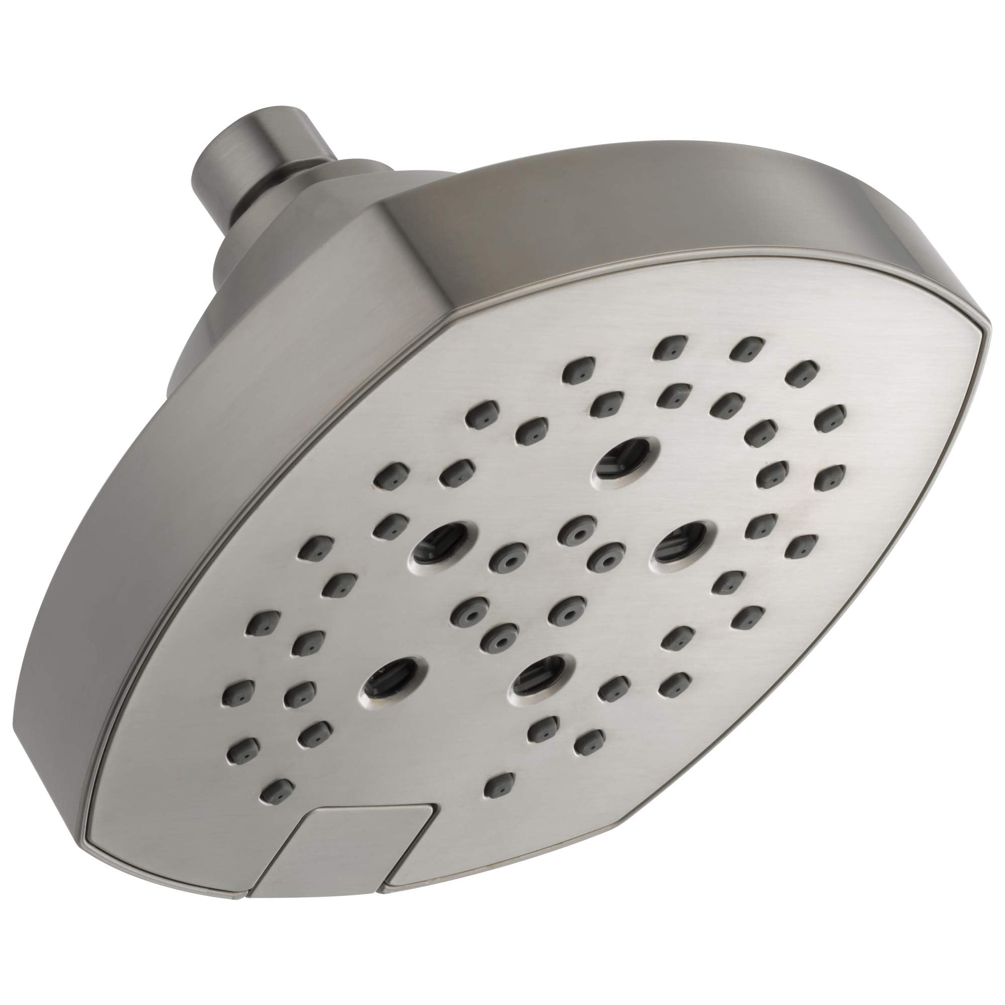 Chrome shower head with curved rectangular face, multiple spray holes, and adjustable arm connection.