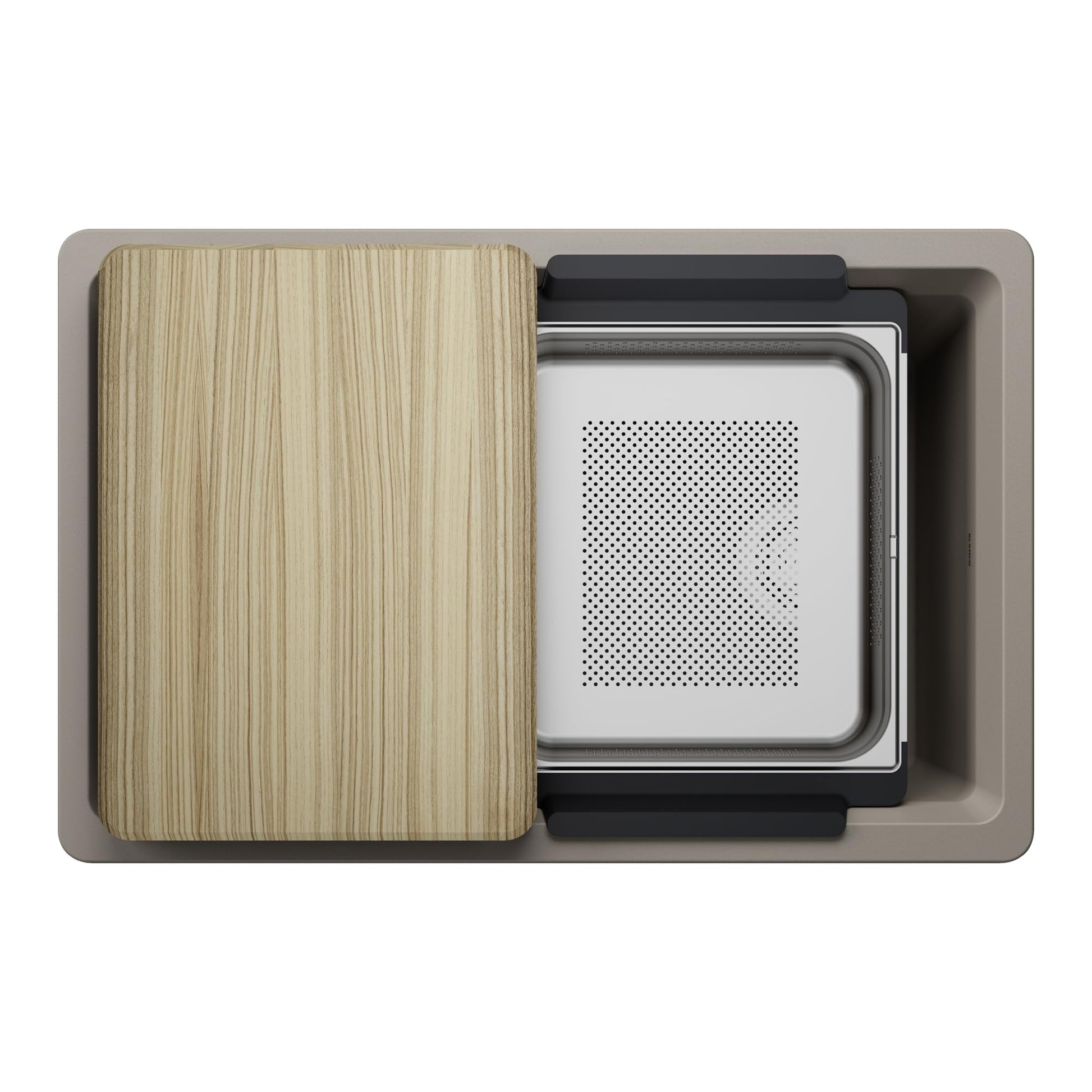 Blanco Inteos 30 truffle kitchen sink with wood cutting board and perforated colander insert, top view.