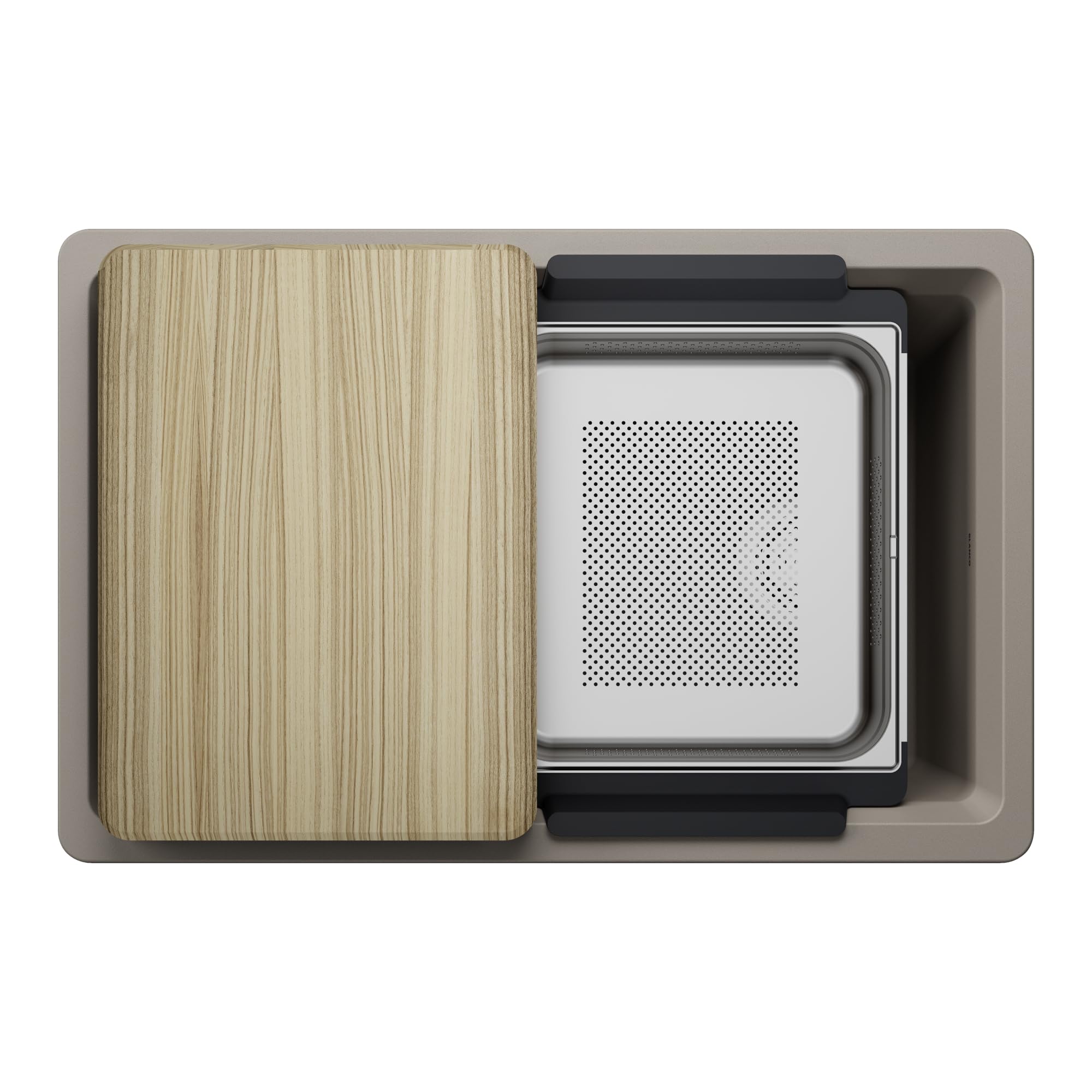 Blanco Inteos 30 truffle kitchen sink with wood cutting board and perforated colander insert, top view.