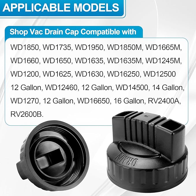 Black plastic drain cap with threaded base and rectangular outlet fitting for shop vacuum tanks.